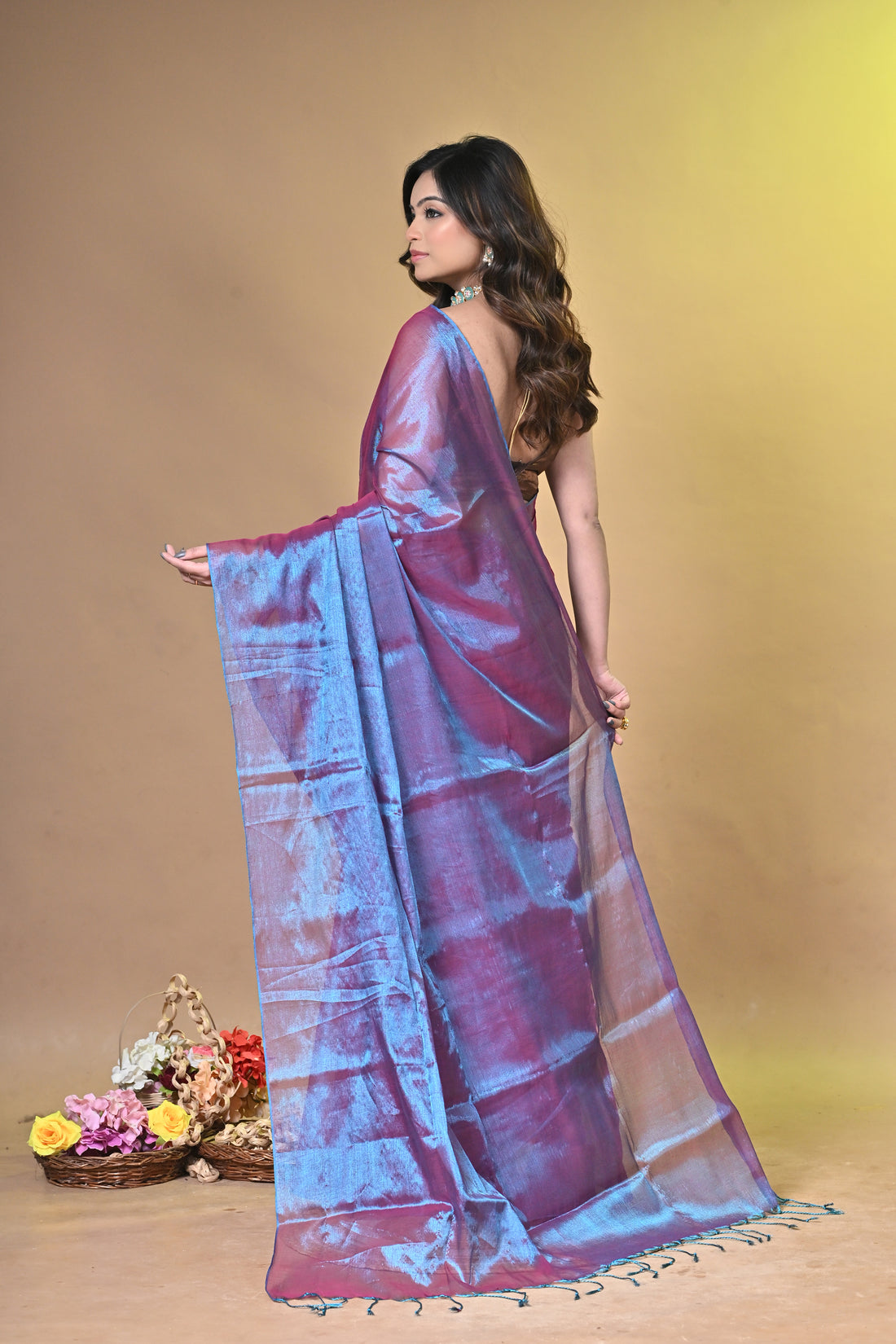 Dual Tone Blue Purple Tissue Ragha Saree with Textured Finish