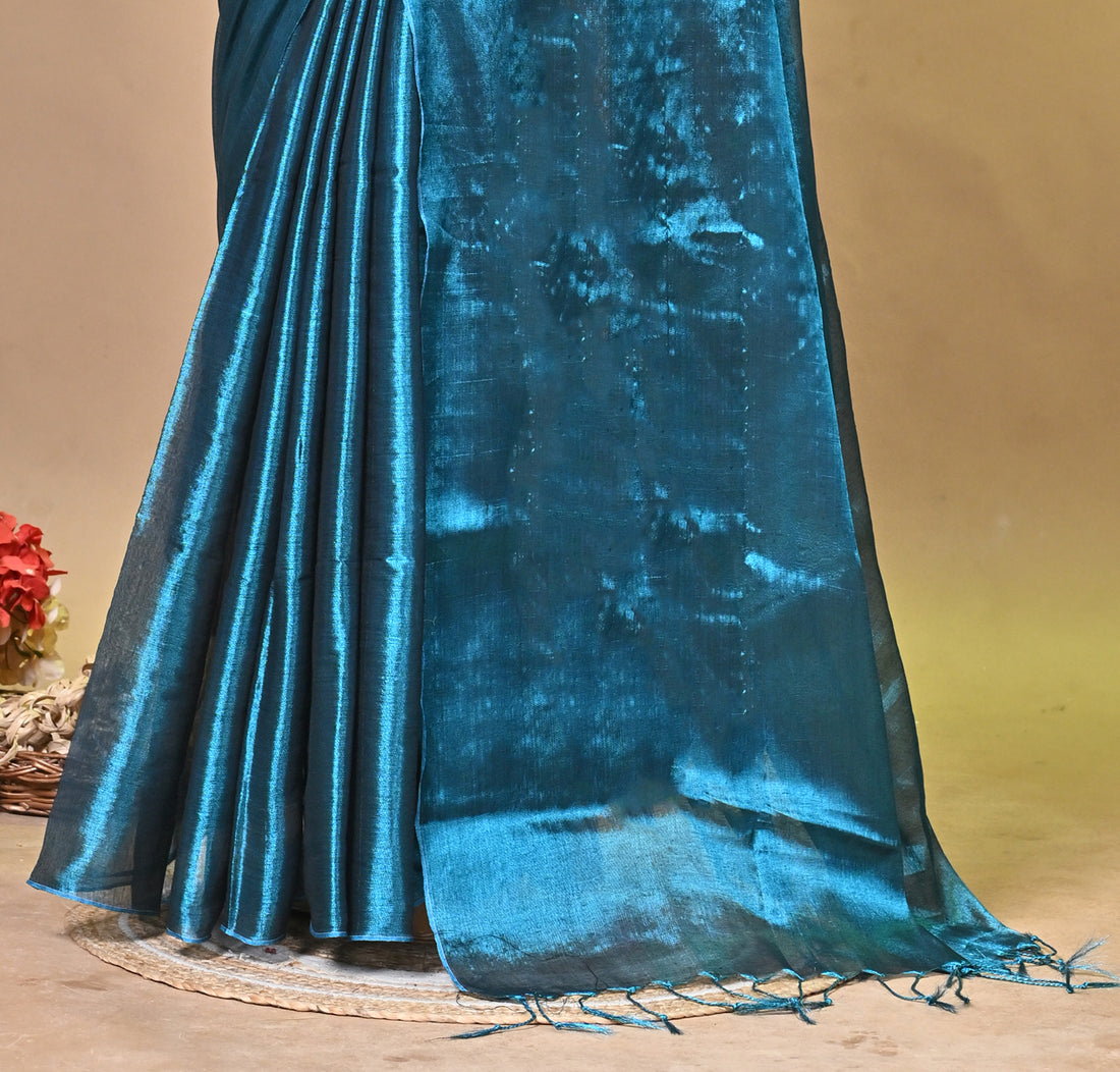 Turquoise Blue Tissue Ragha Saree with Elegant Textured Finish