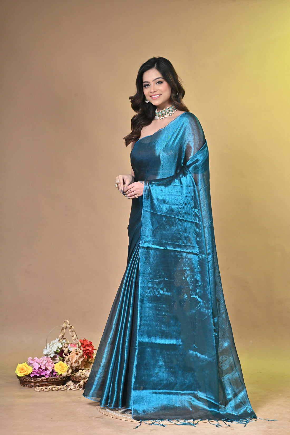 Turquoise Blue Tissue Ragha Saree with Elegant Textured Finish