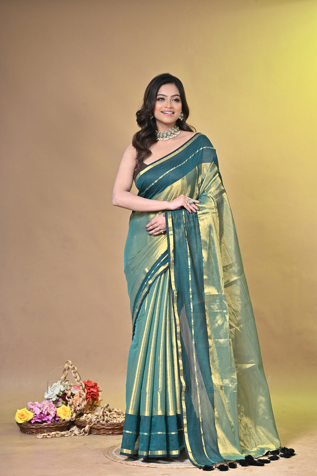 Teal Green and Beige Tissue Cotton Handloom Saree with Contrast Border