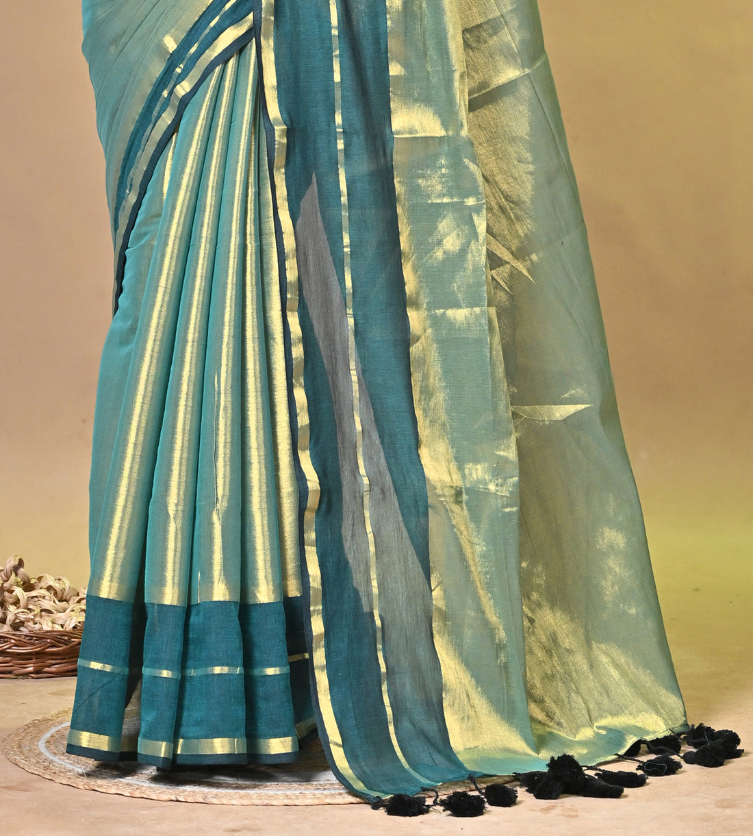 Teal Green and Beige Tissue Cotton Handloom Saree with Contrast Border