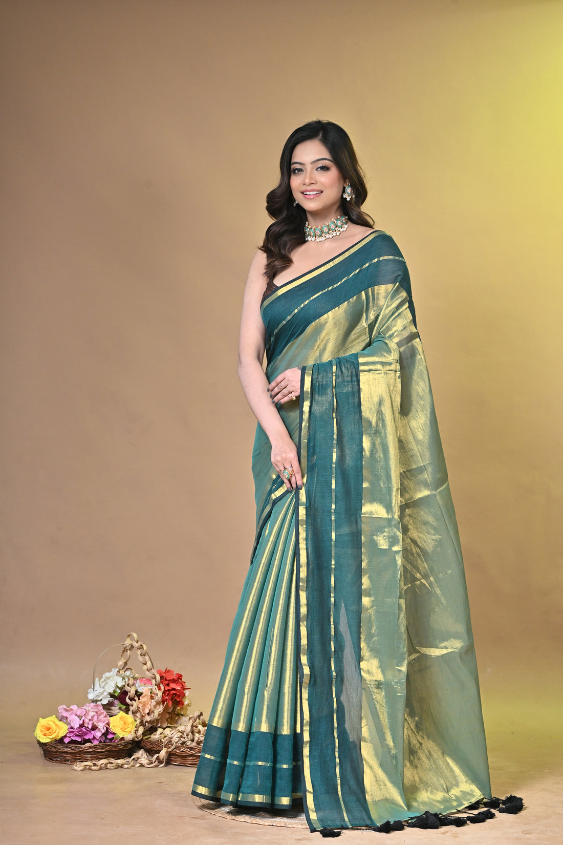 Teal Green and Beige Tissue Cotton Handloom Saree with Contrast Border