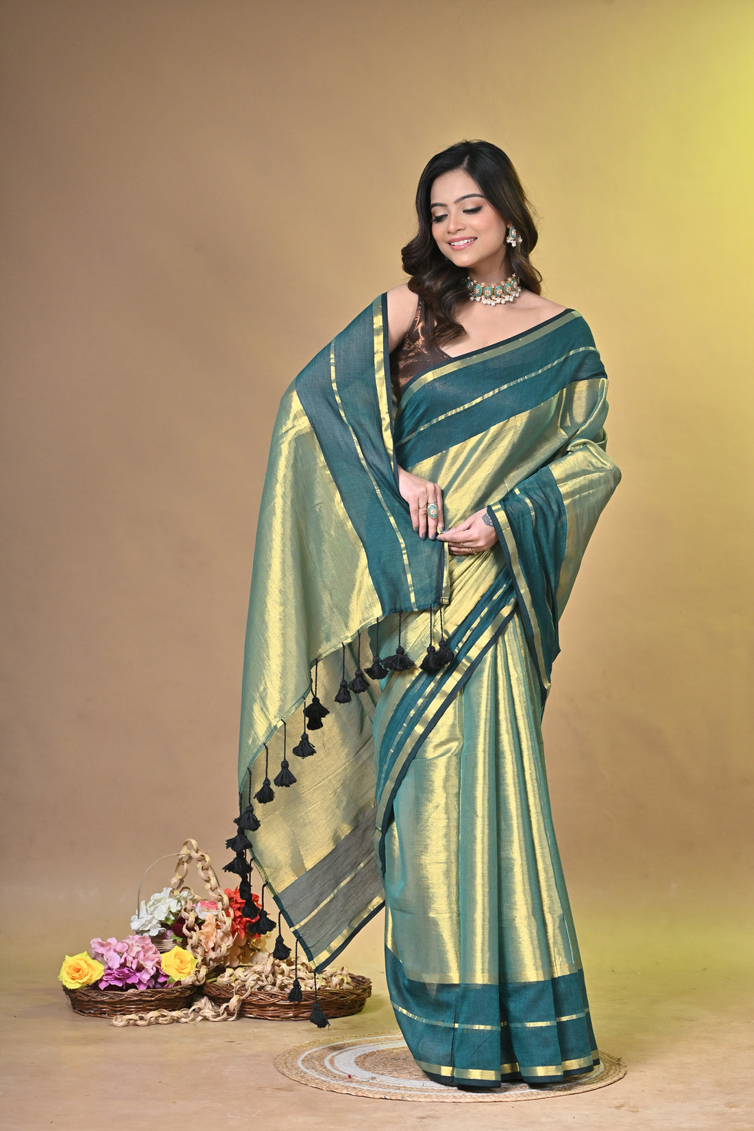Teal Green and Beige Tissue Cotton Handloom Saree with Contrast Border