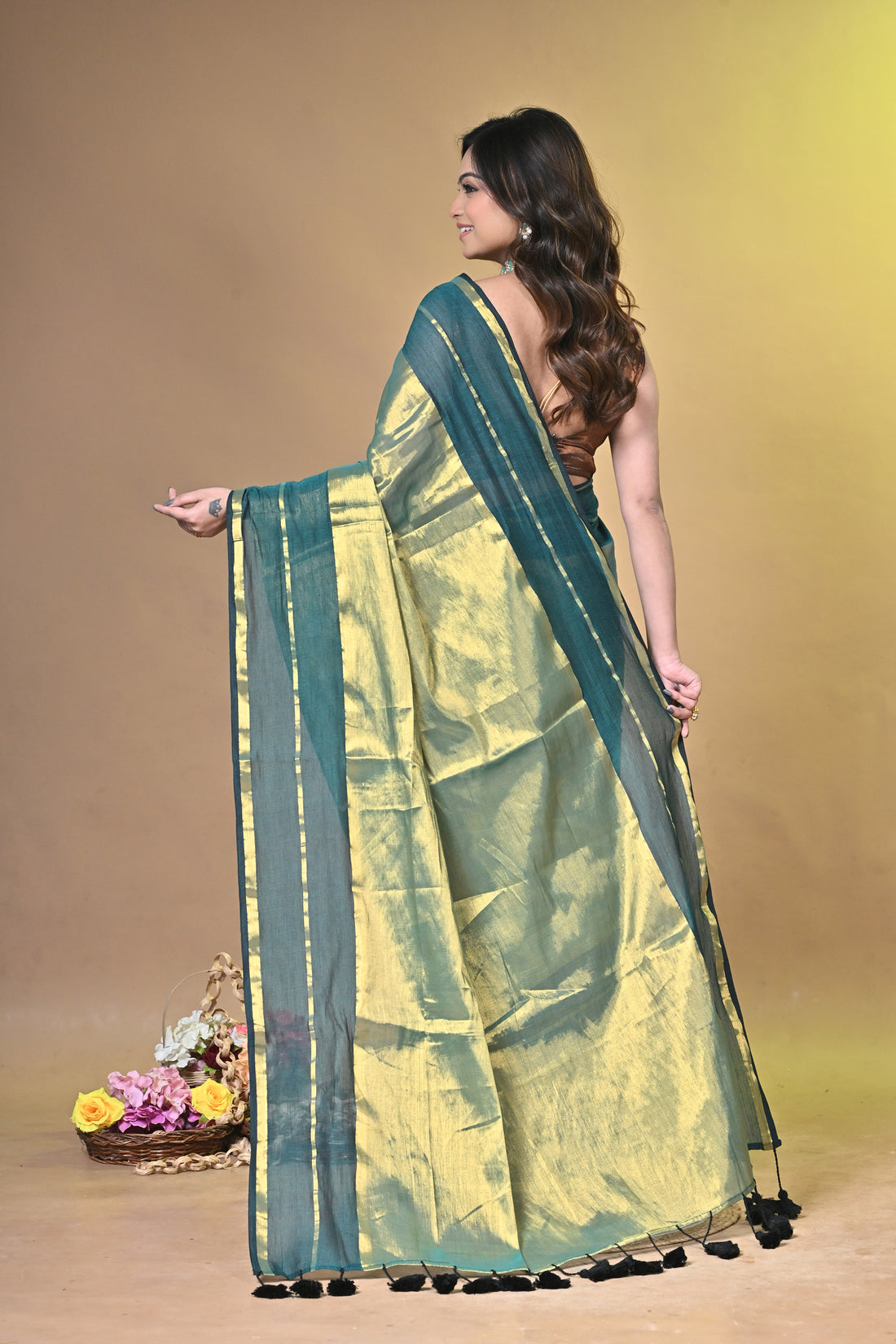 Teal Green and Beige Tissue Cotton Handloom Saree with Contrast Border