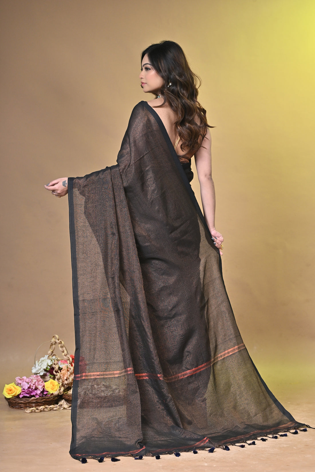 Khadi Cotton Brown Saree with Contrast Border