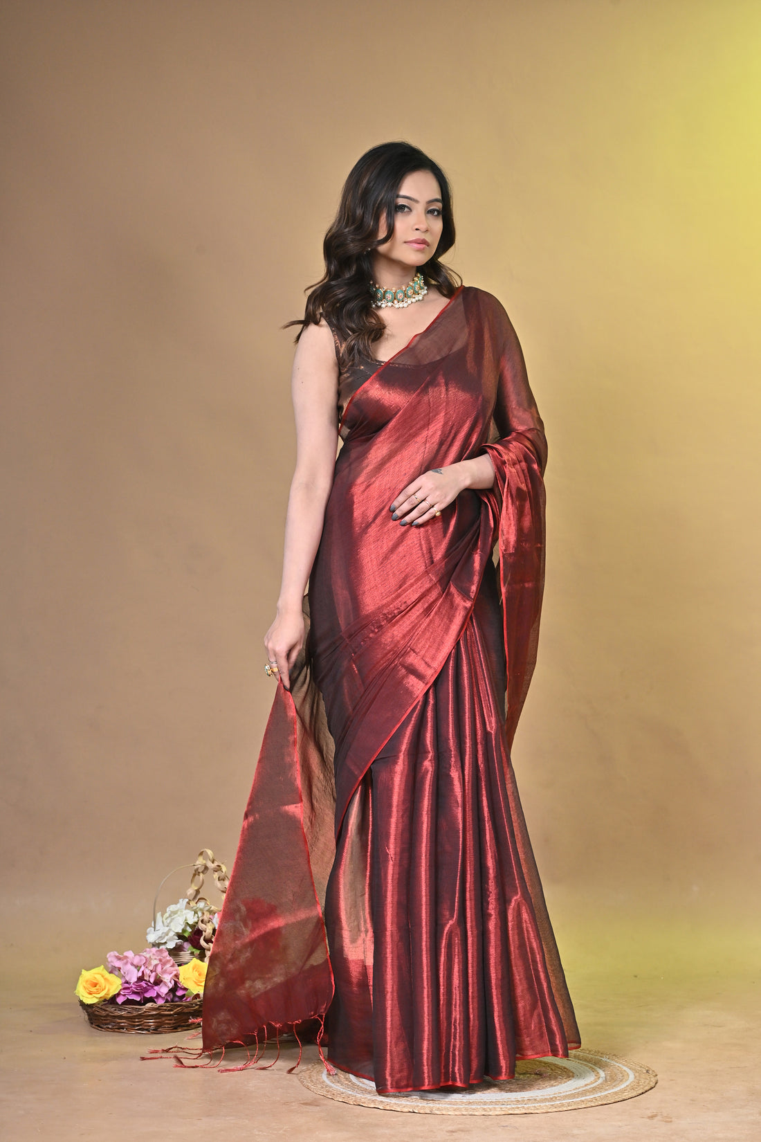 Red Tissue Ragha Saree with Elegant Textured Finish