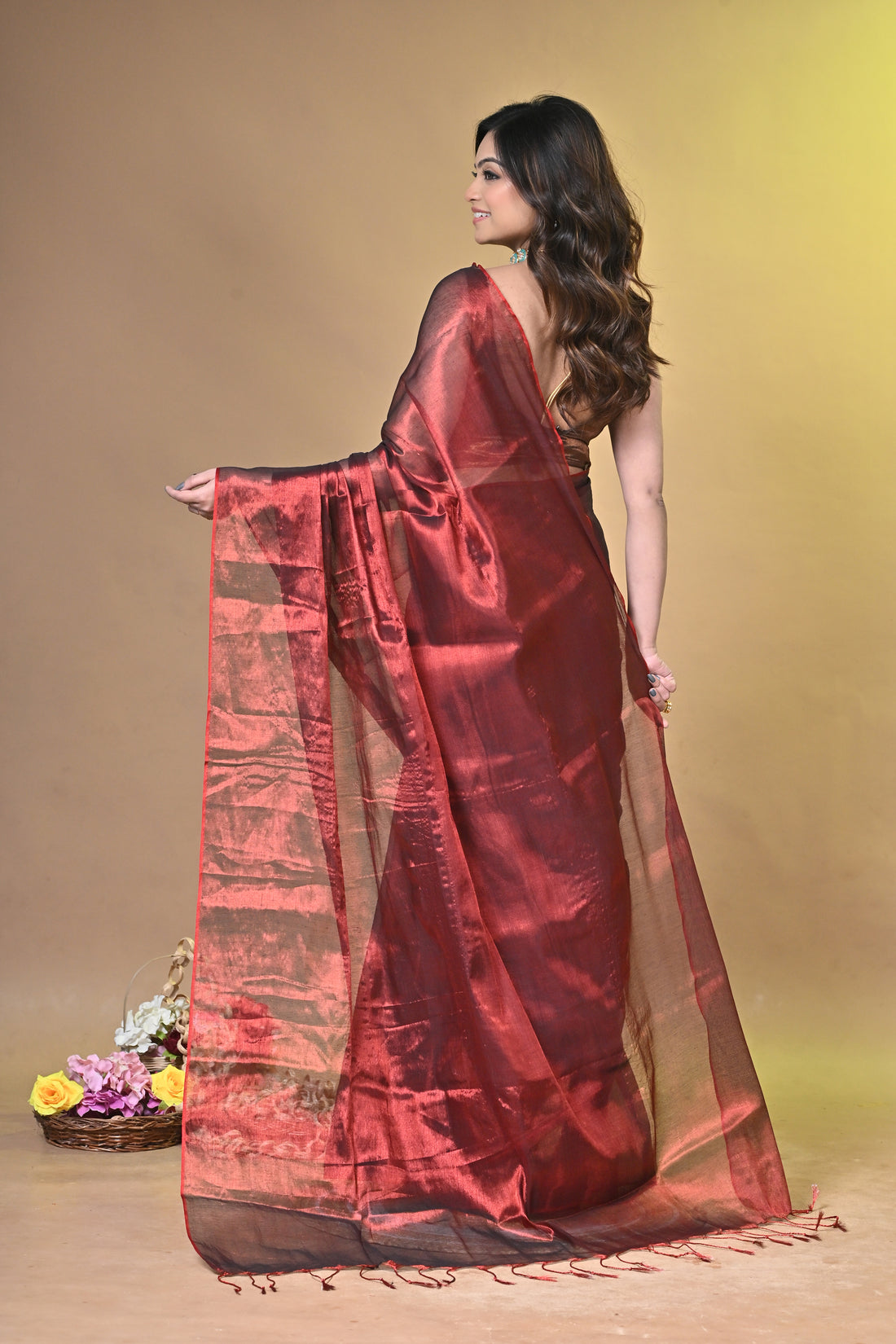 Red Tissue Ragha Saree with Elegant Textured Finish