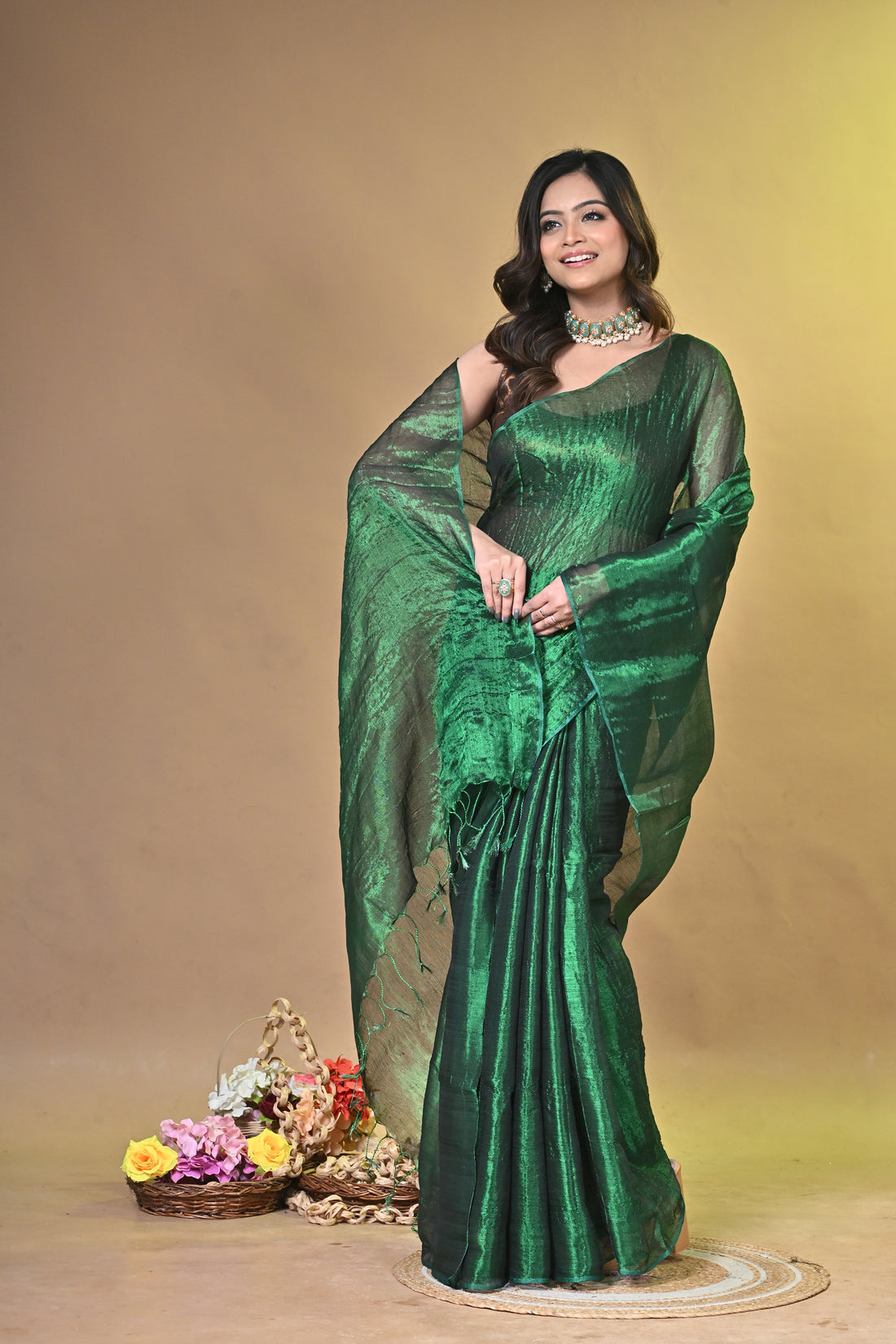 Emerald Green Tissue Ragha Saree with Elegant Textured Finish
