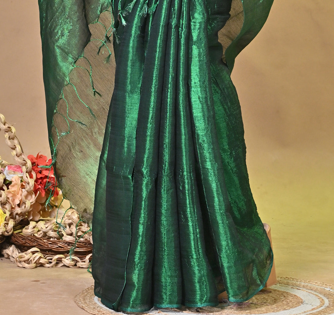 Emerald Green Tissue Ragha Saree with Elegant Textured Finish