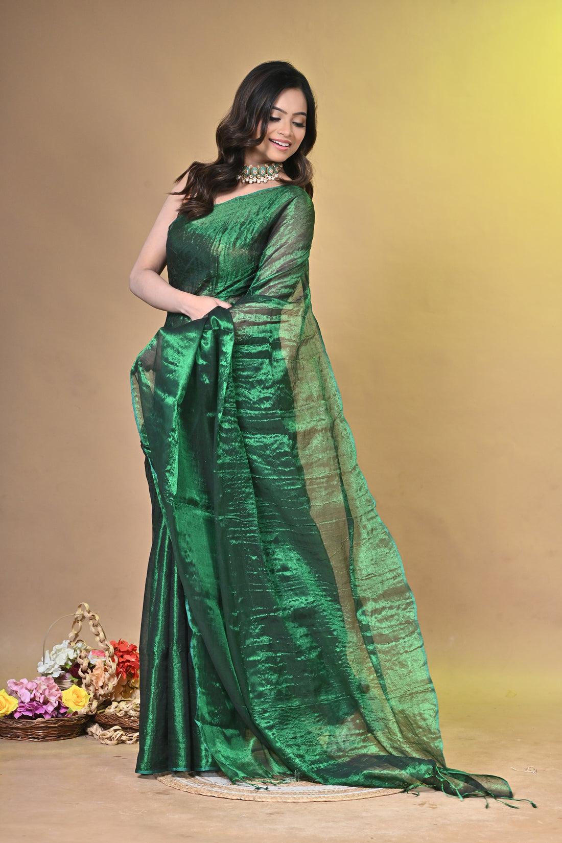 Emerald Green Tissue Ragha Saree with Elegant Textured Finish