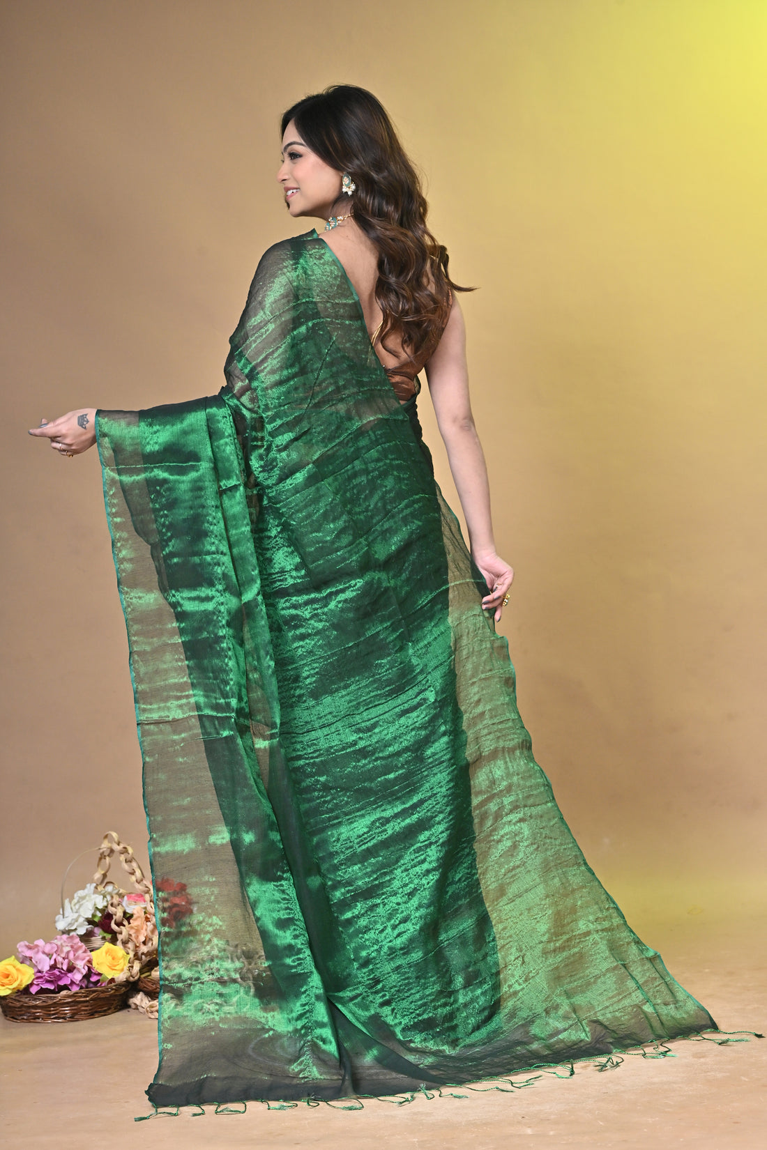Emerald Green Tissue Ragha Saree with Elegant Textured Finish