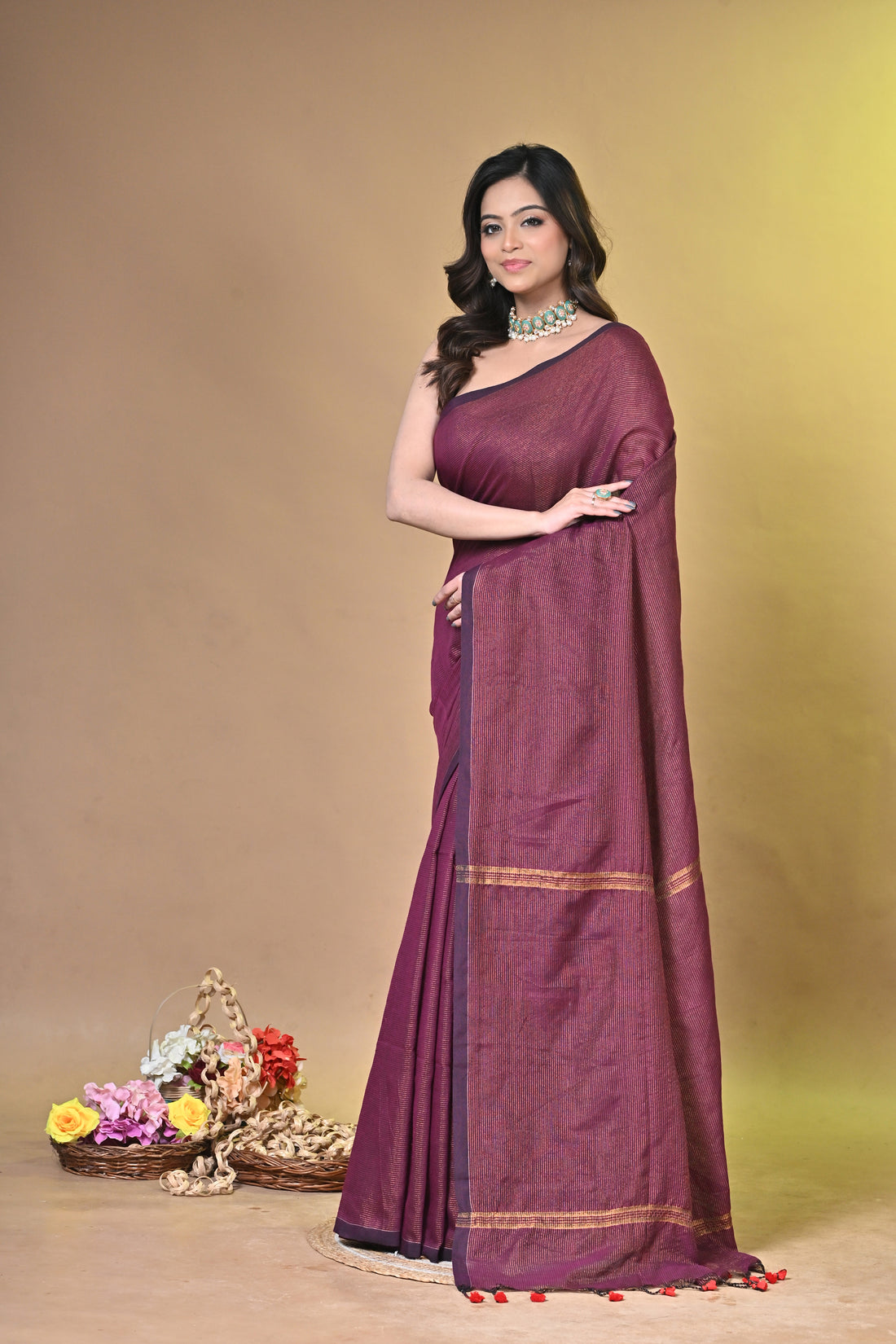 Magenta Khadi Cotton Saree with Elegant Border Design