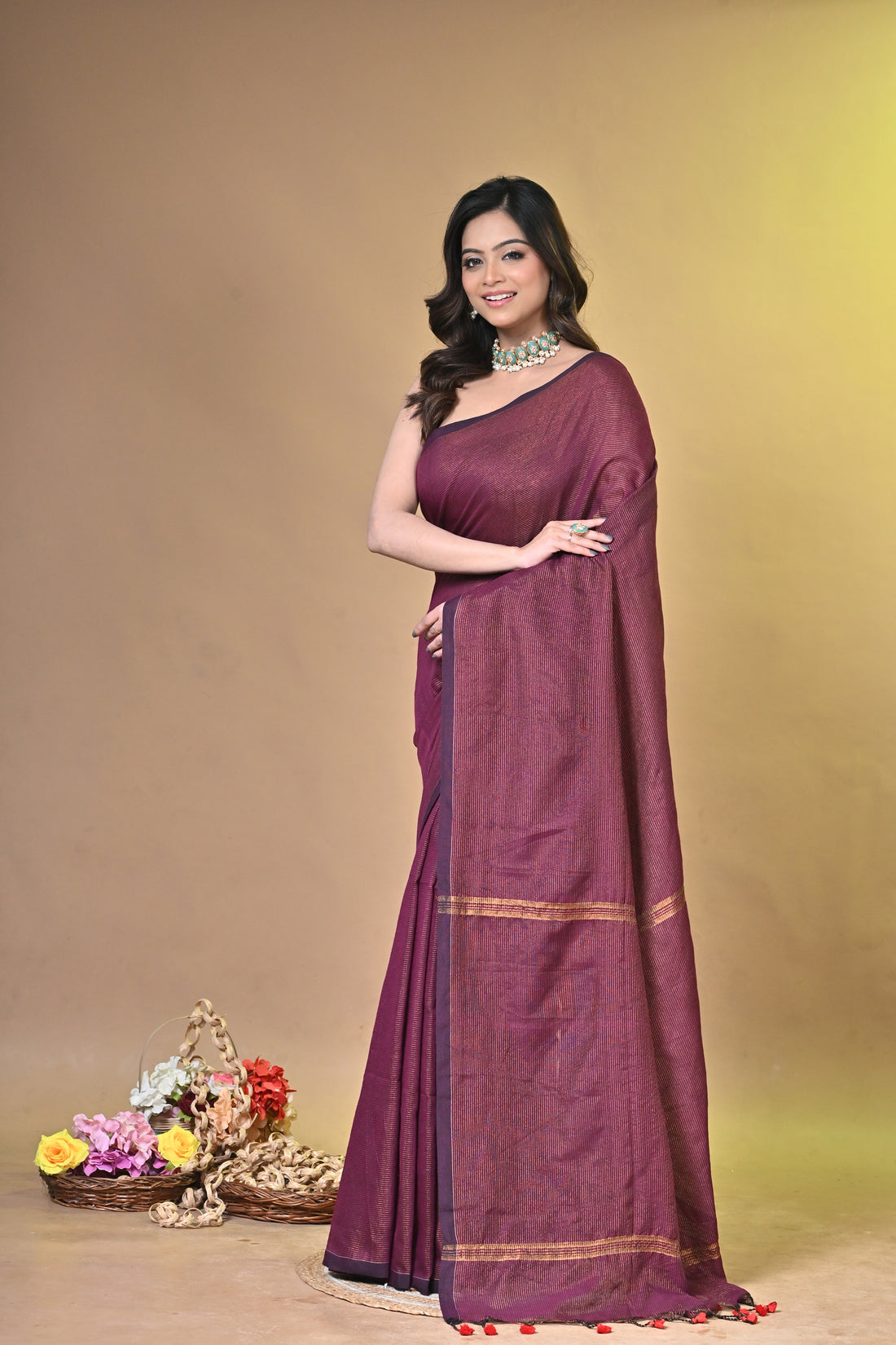 Magenta Khadi Cotton Saree with Elegant Border Design