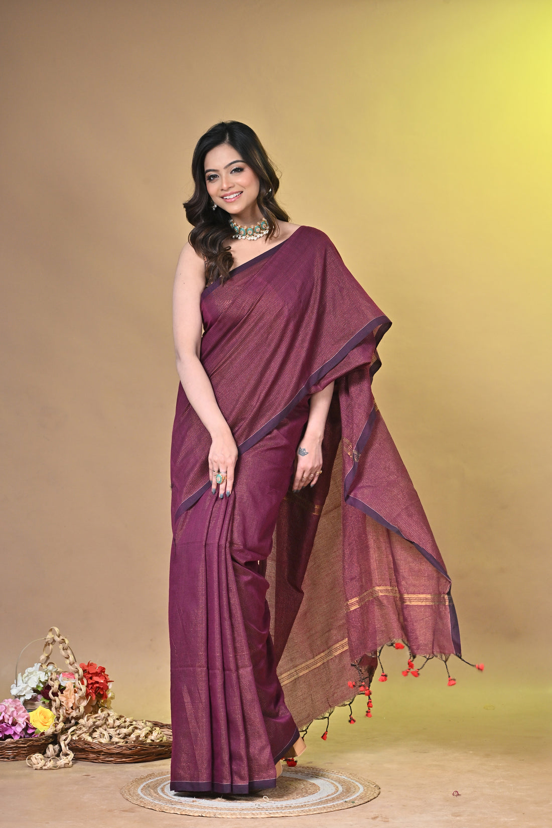 Magenta Khadi Cotton Saree with Elegant Border Design