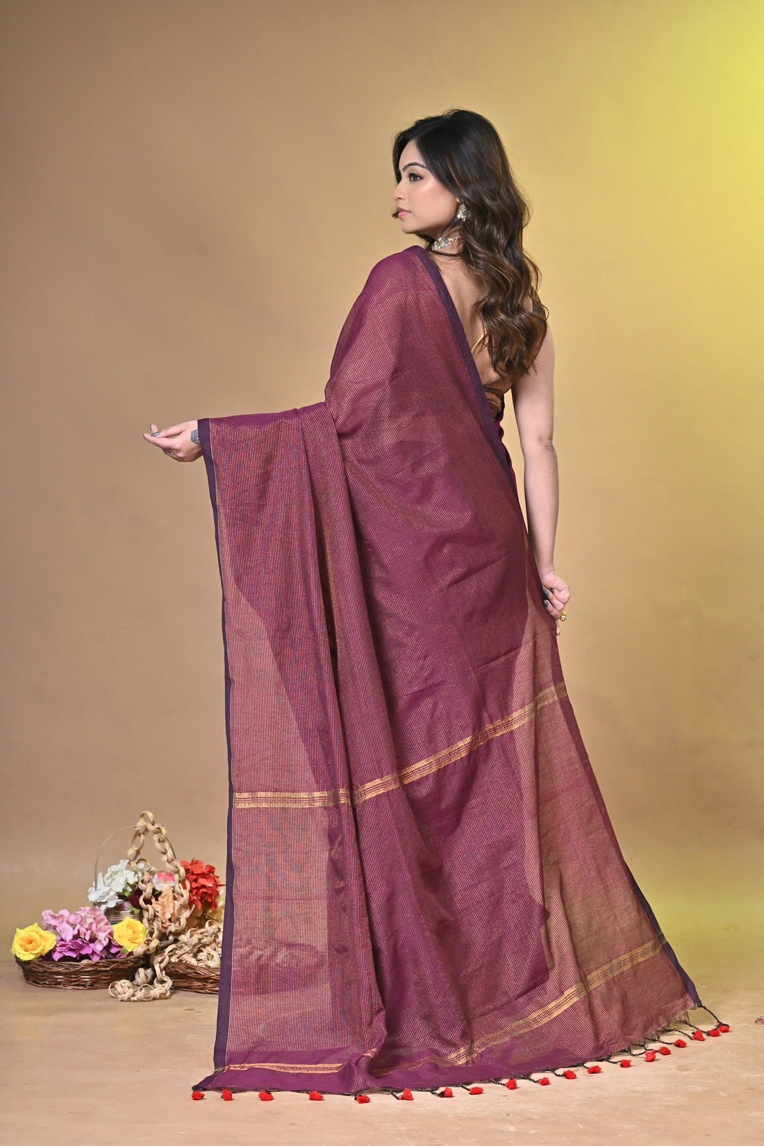 Magenta Khadi Cotton Saree with Elegant Border Design