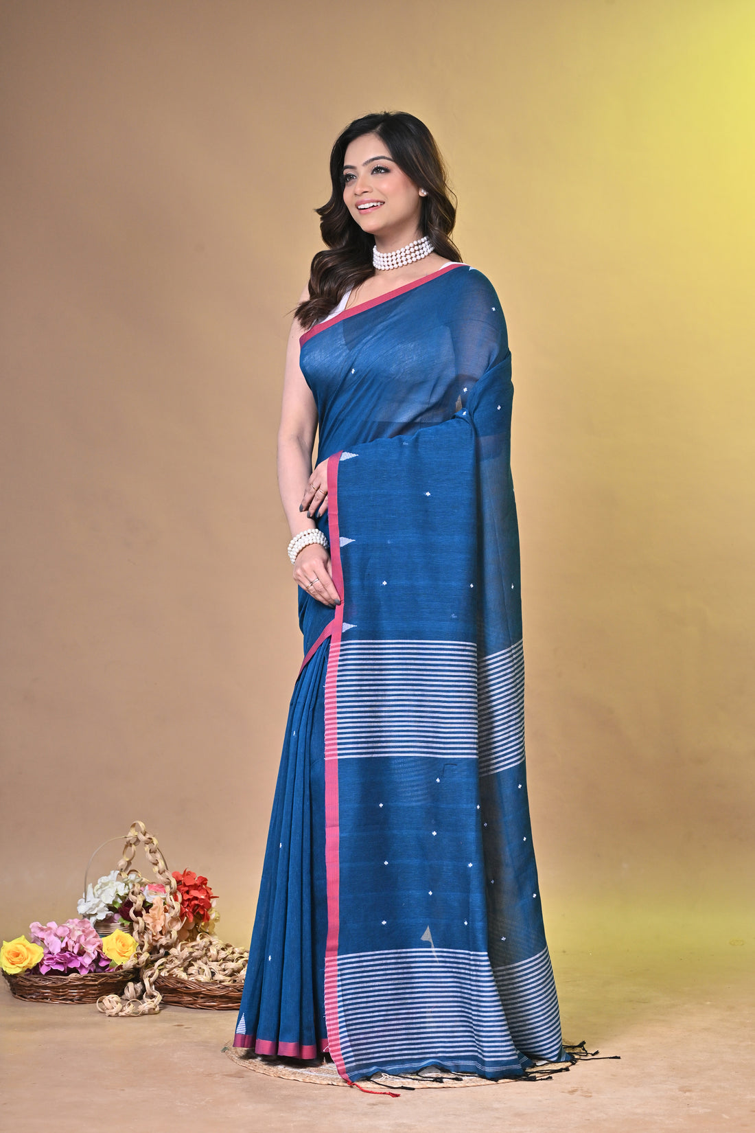 Pure Cotton Handloom Saree with Buti Design and Striped Pallu