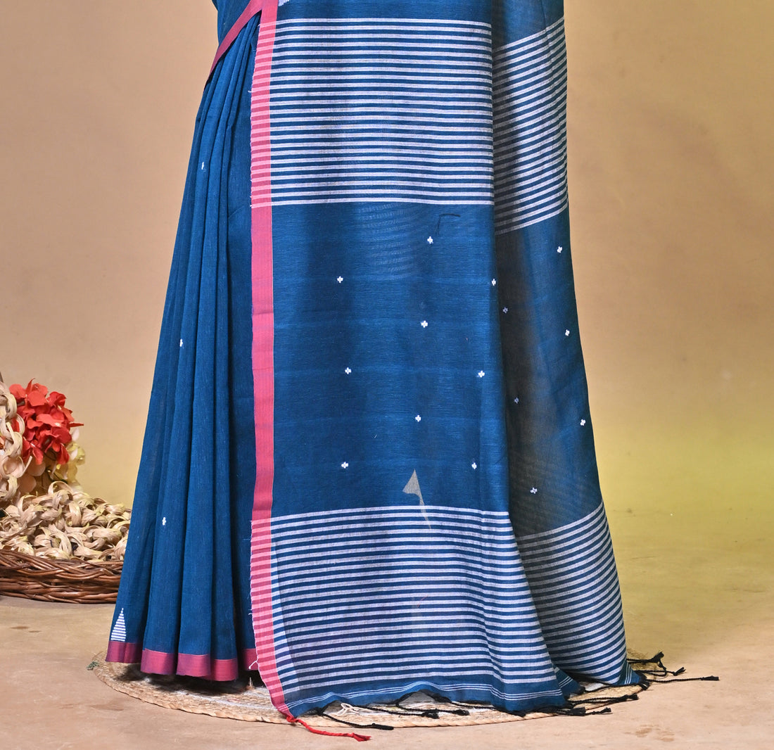 Pure Cotton Handloom Saree with Buti Design and Striped Pallu