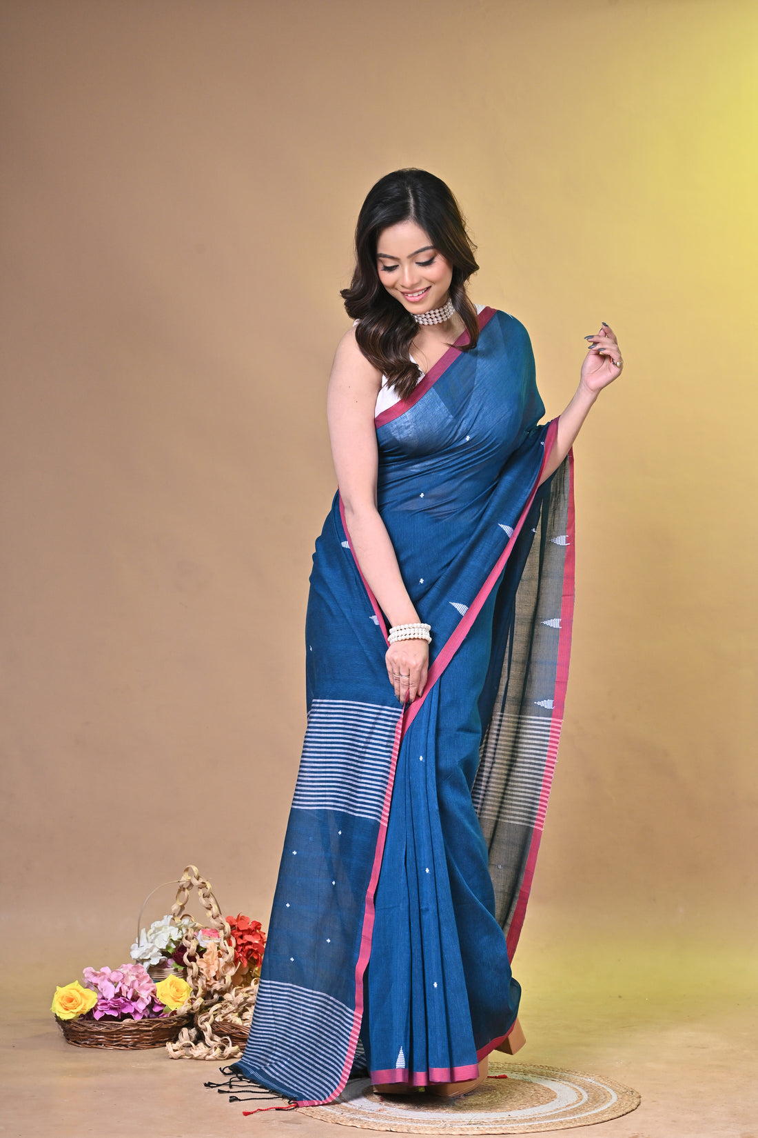 Pure Cotton Handloom Saree with Buti Design and Striped Pallu