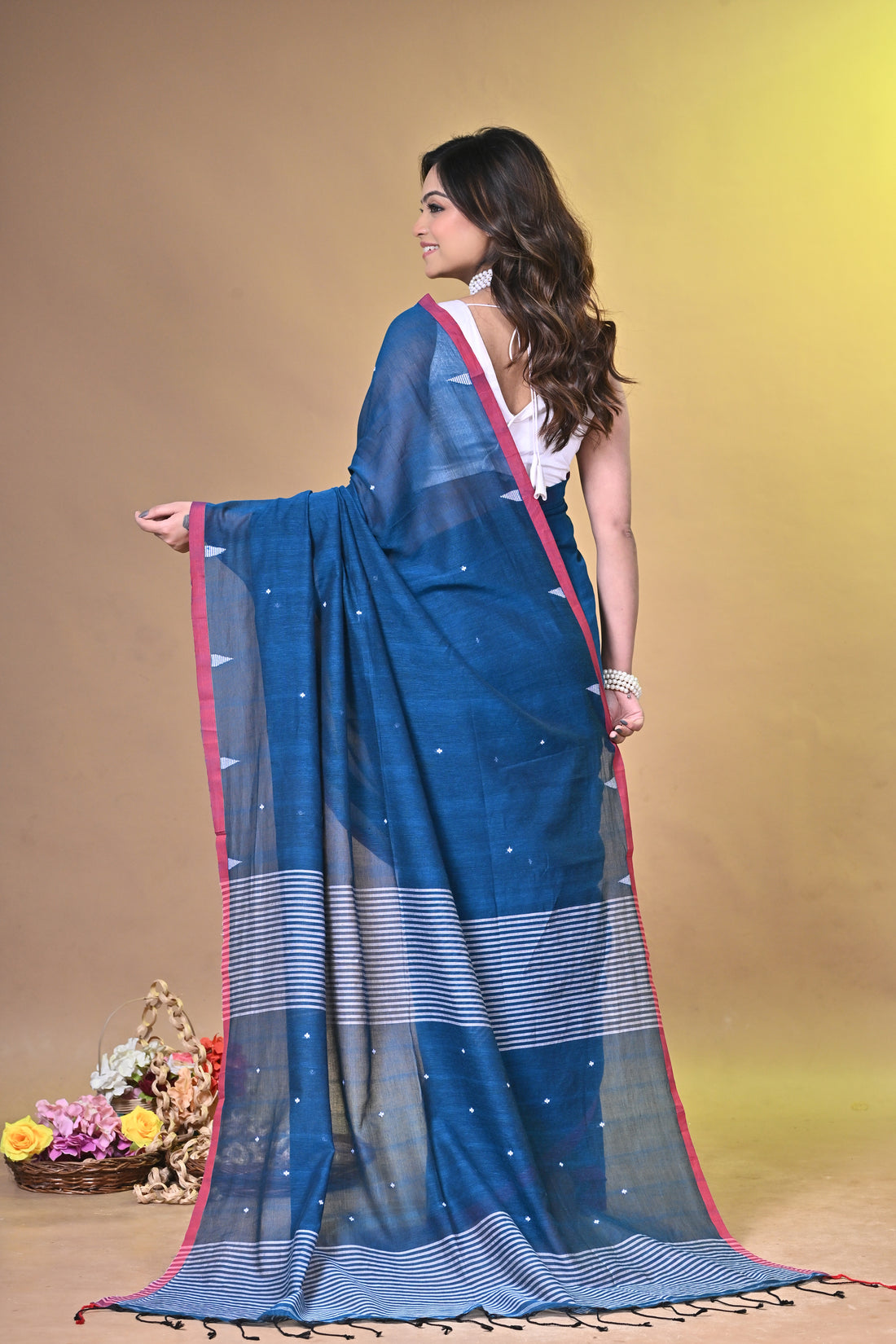 Pure Cotton Handloom Saree with Buti Design and Striped Pallu