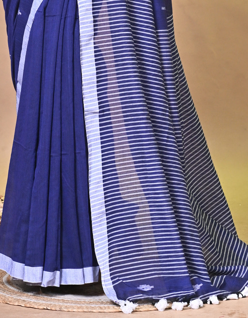 Blue Pure Cotton Handloom Saree with Classic Striped Pattern