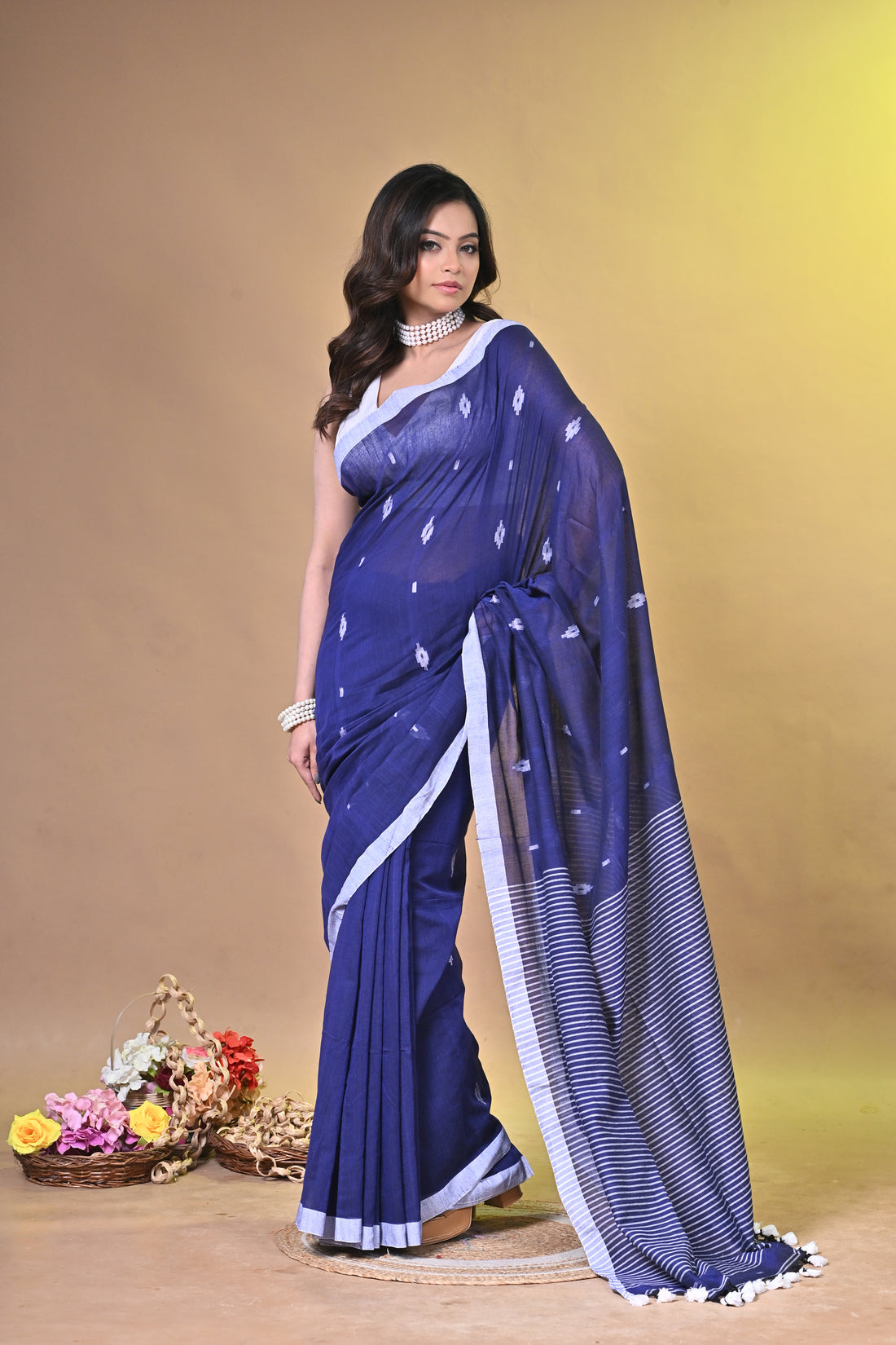 Blue Pure Cotton Handloom Saree with Classic Striped Pattern