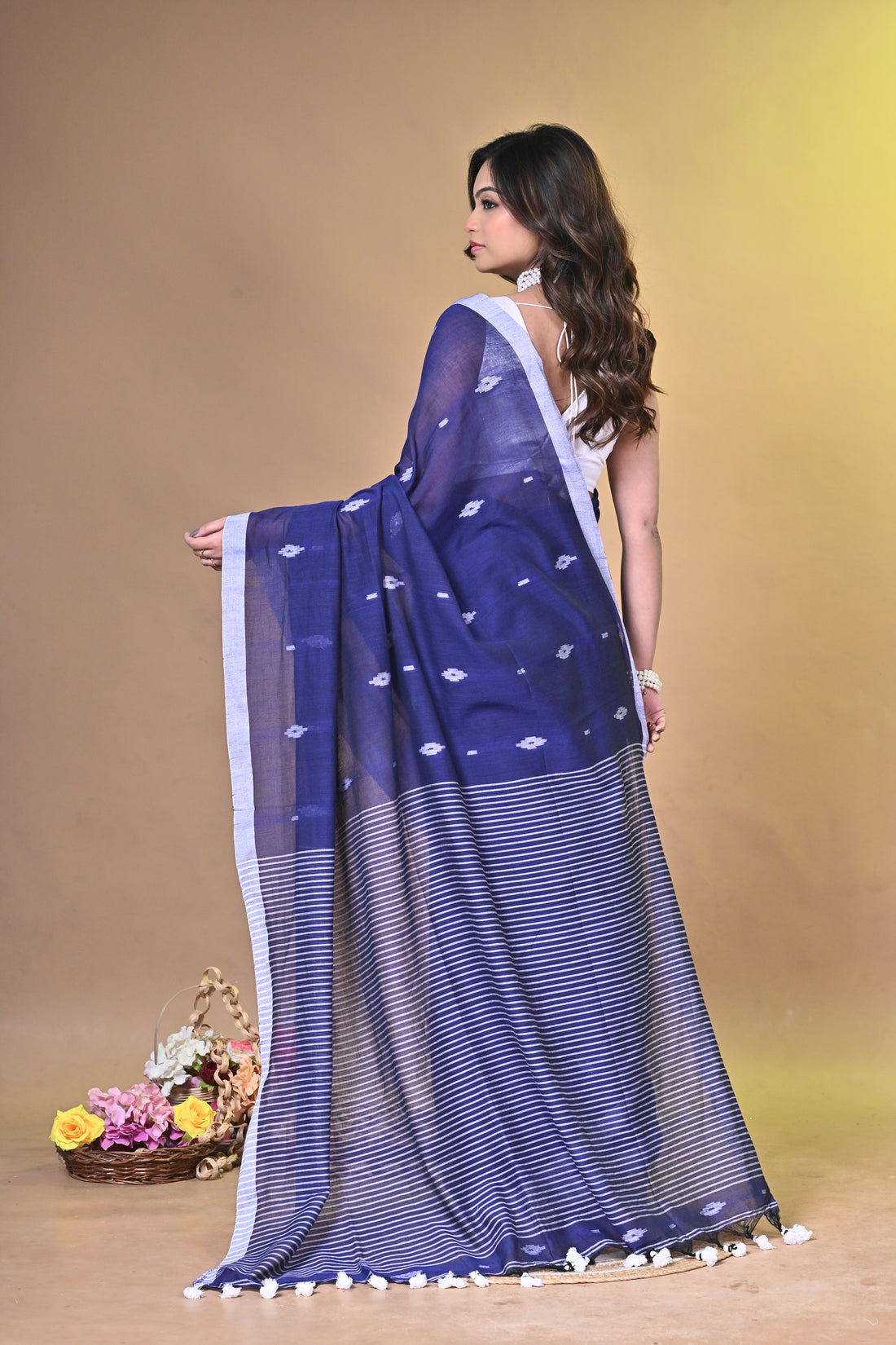 Blue Pure Cotton Handloom Saree with Classic Striped Pattern