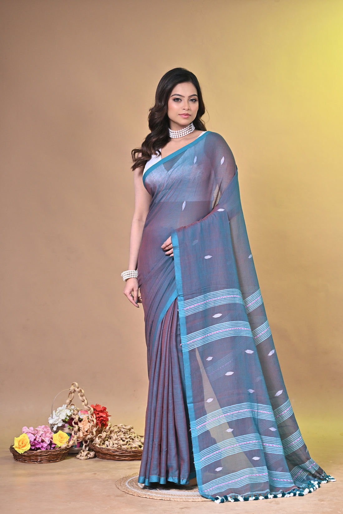 Teal Green Handloom Pure Cotton Saree with Buti