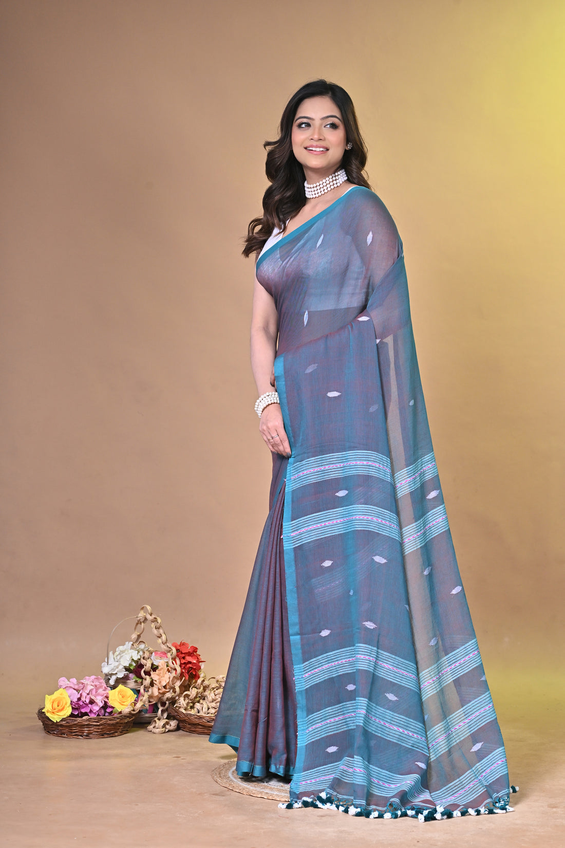 Teal Green Handloom Pure Cotton Saree with Buti