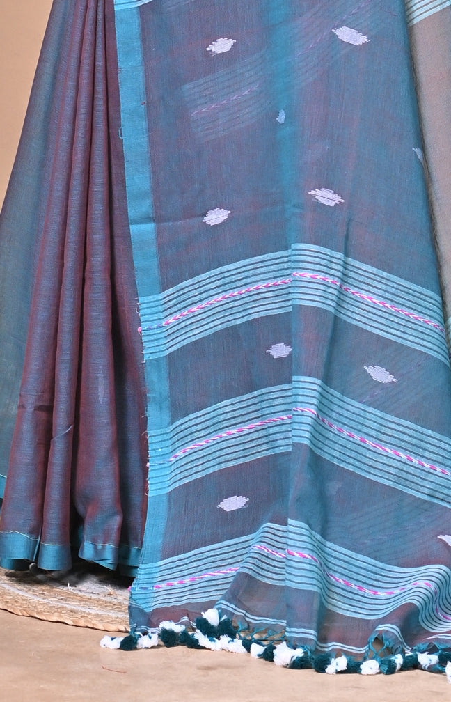 Teal Green Handloom Pure Cotton Saree with Buti