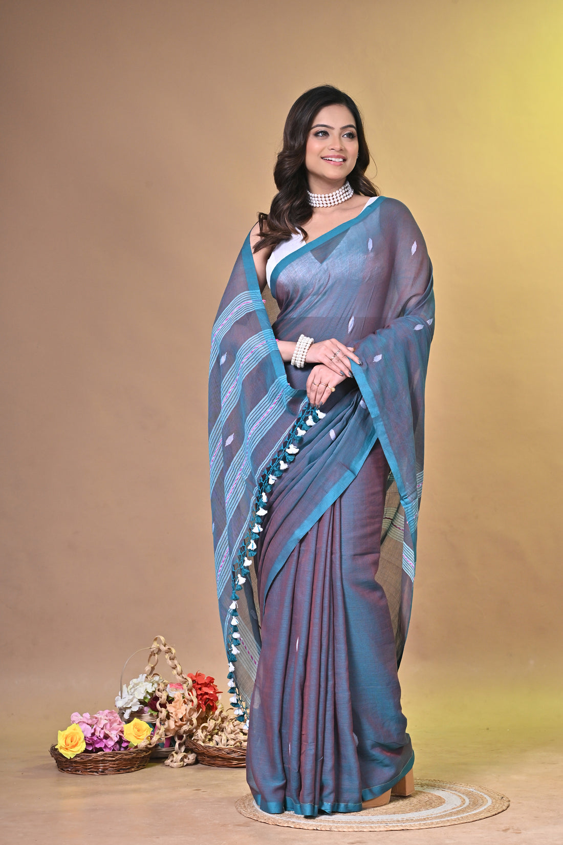 Teal Green Handloom Pure Cotton Saree with Buti