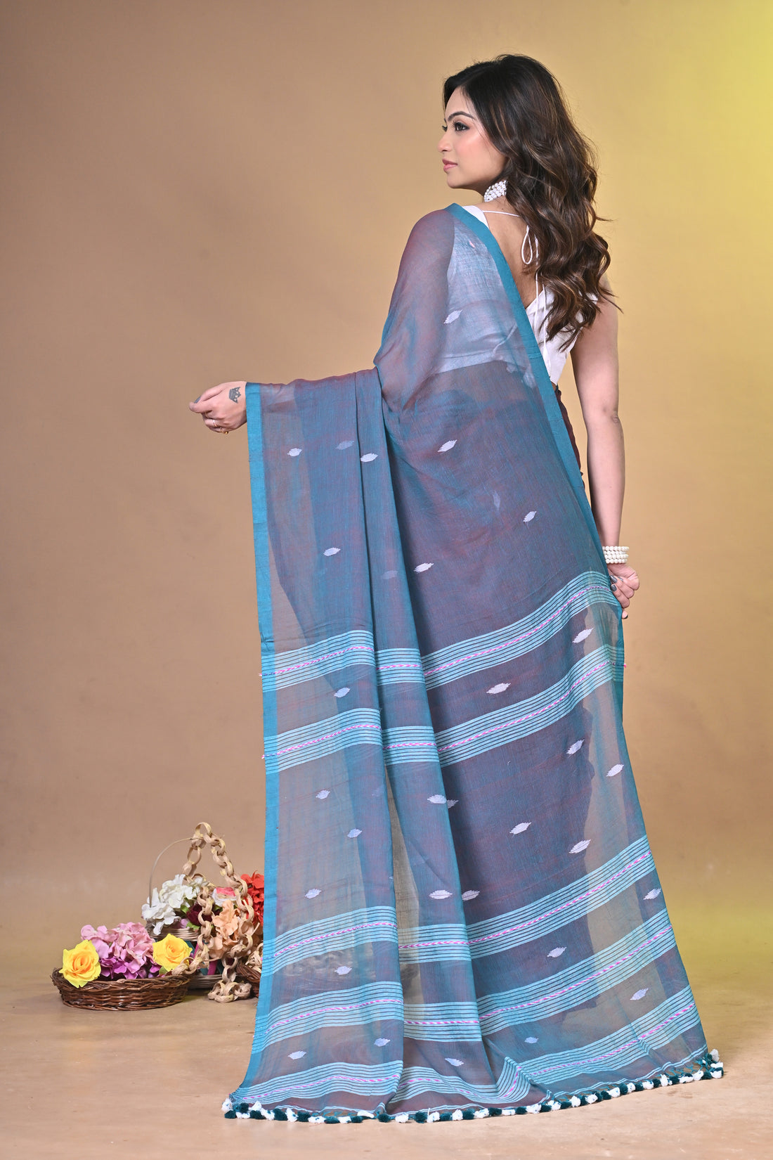 Teal Green Handloom Pure Cotton Saree with Buti