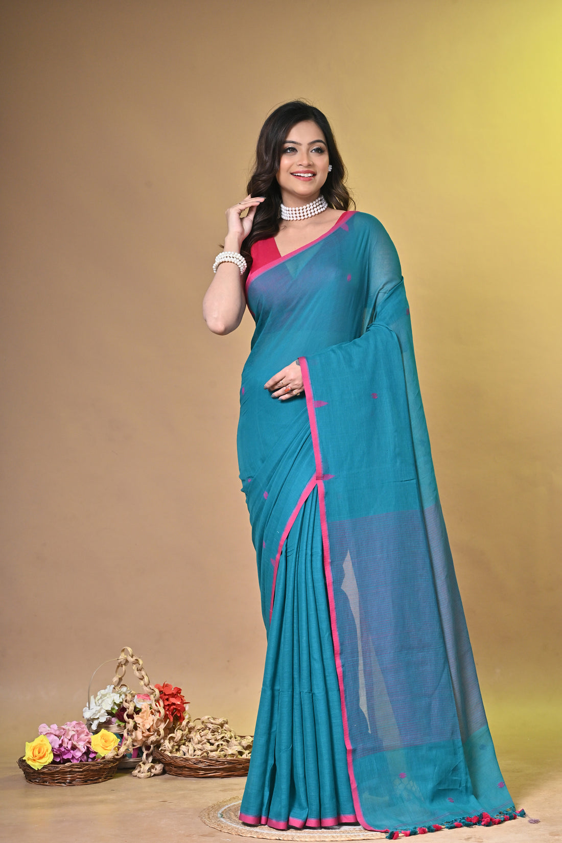 Handloom Pure Cotton Teal Green Buti Saree