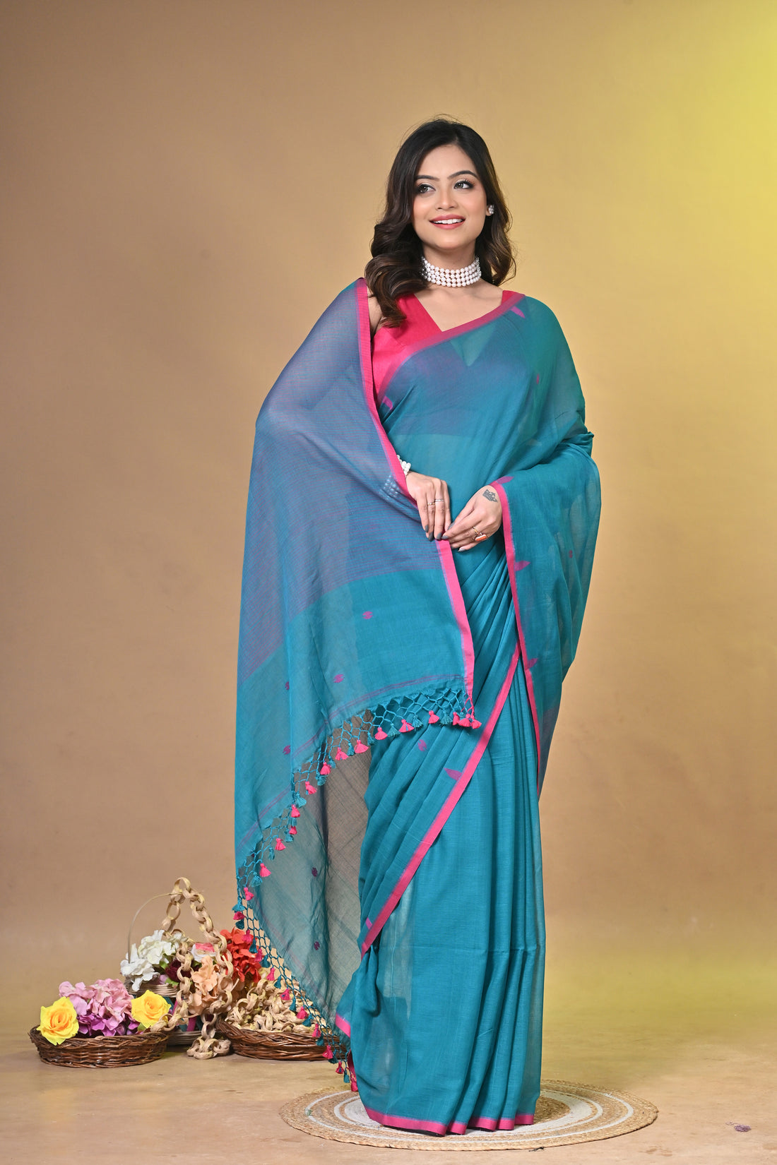 Handloom Pure Cotton Teal Green Buti Saree