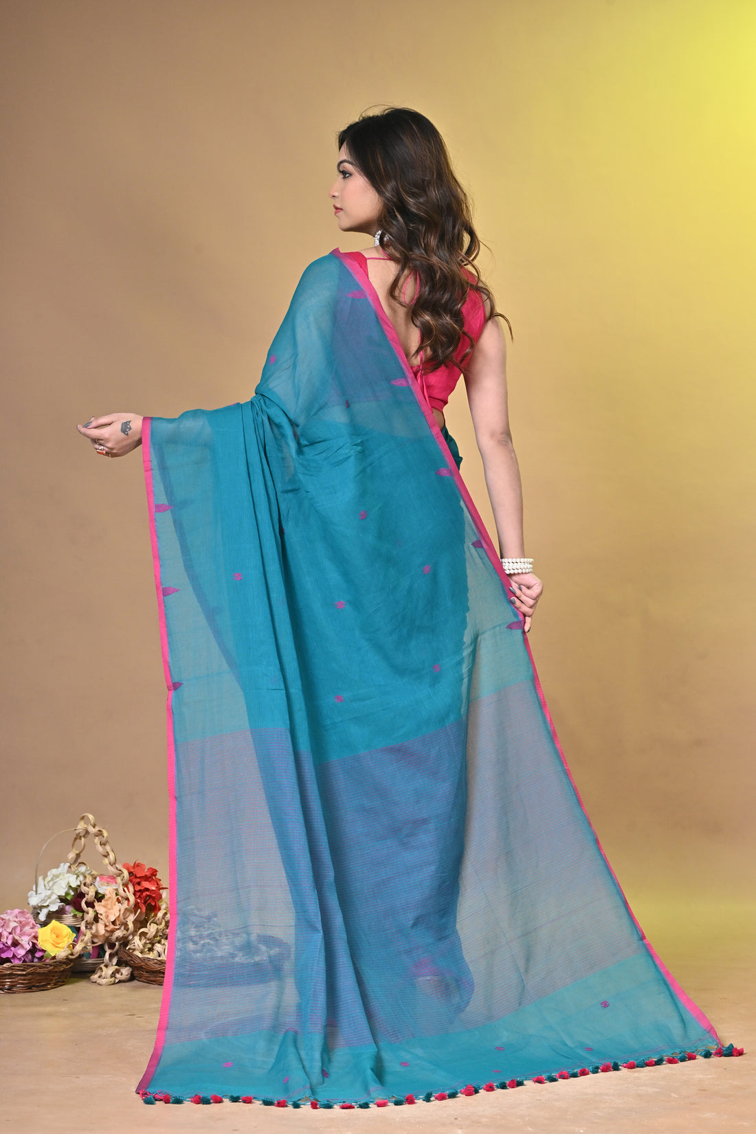 Handloom Pure Cotton Teal Green Buti Saree
