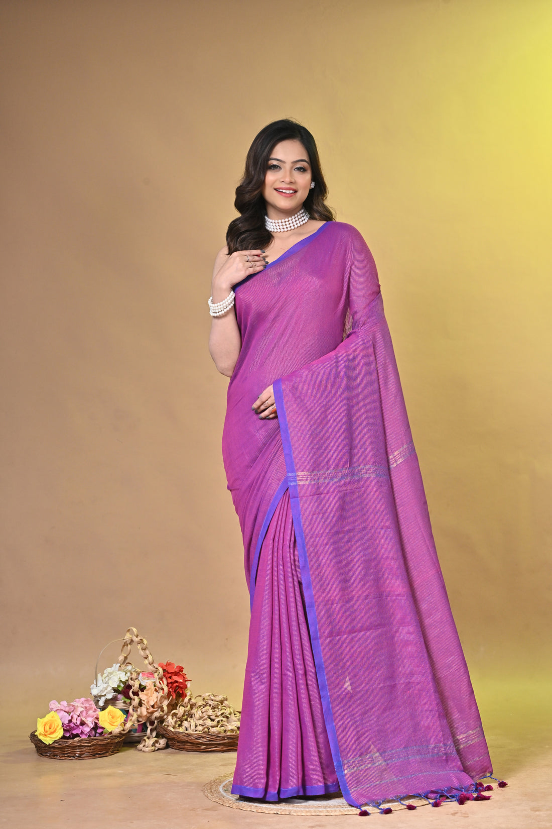 Magenta Khadi Cotton Saree with Traditional Striped Design