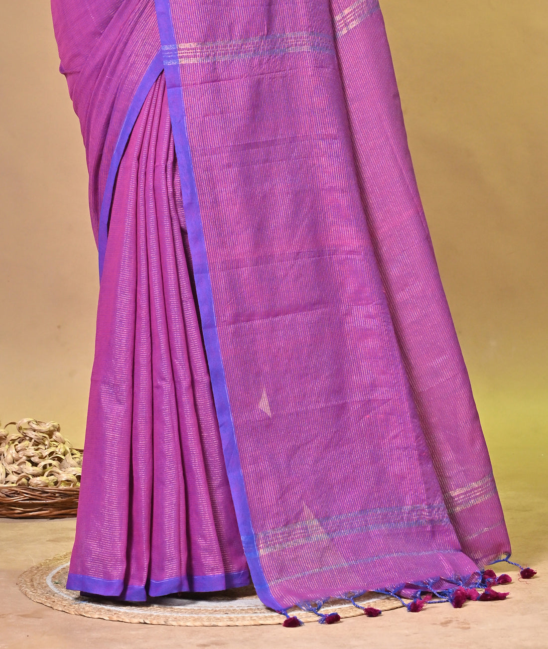 Magenta Khadi Cotton Saree with Traditional Striped Design