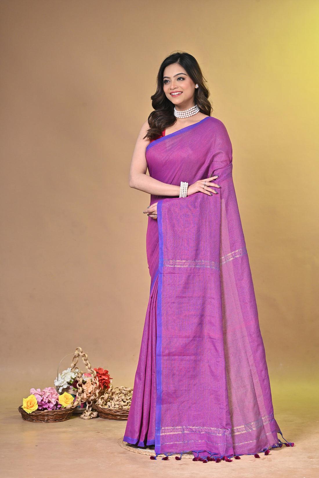 Magenta Khadi Cotton Saree with Traditional Striped Design