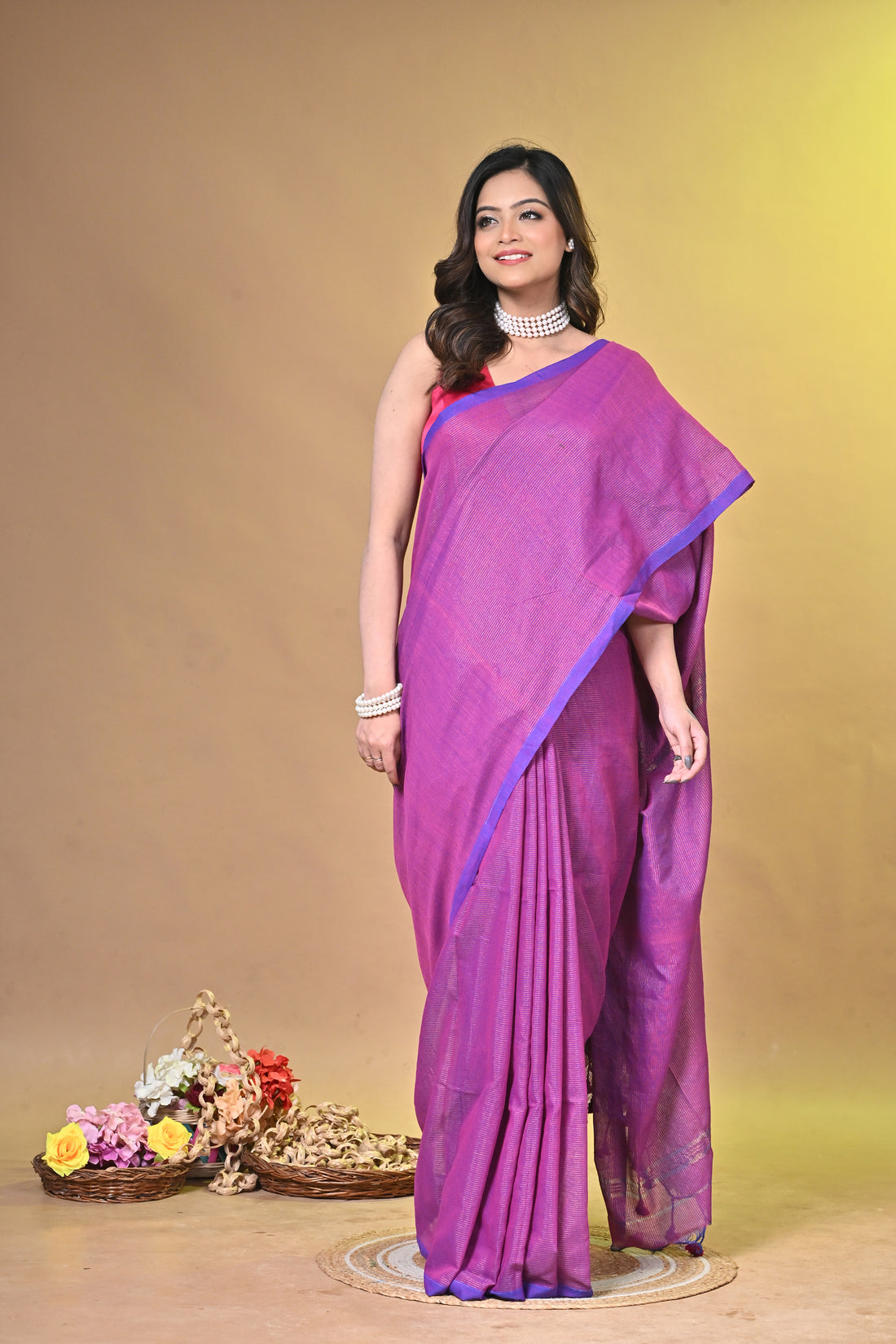 Magenta Khadi Cotton Saree with Traditional Striped Design