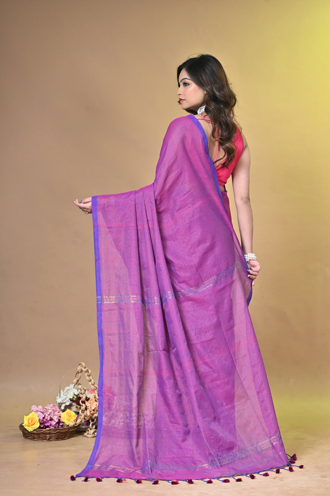 Magenta Khadi Cotton Saree with Traditional Striped Design