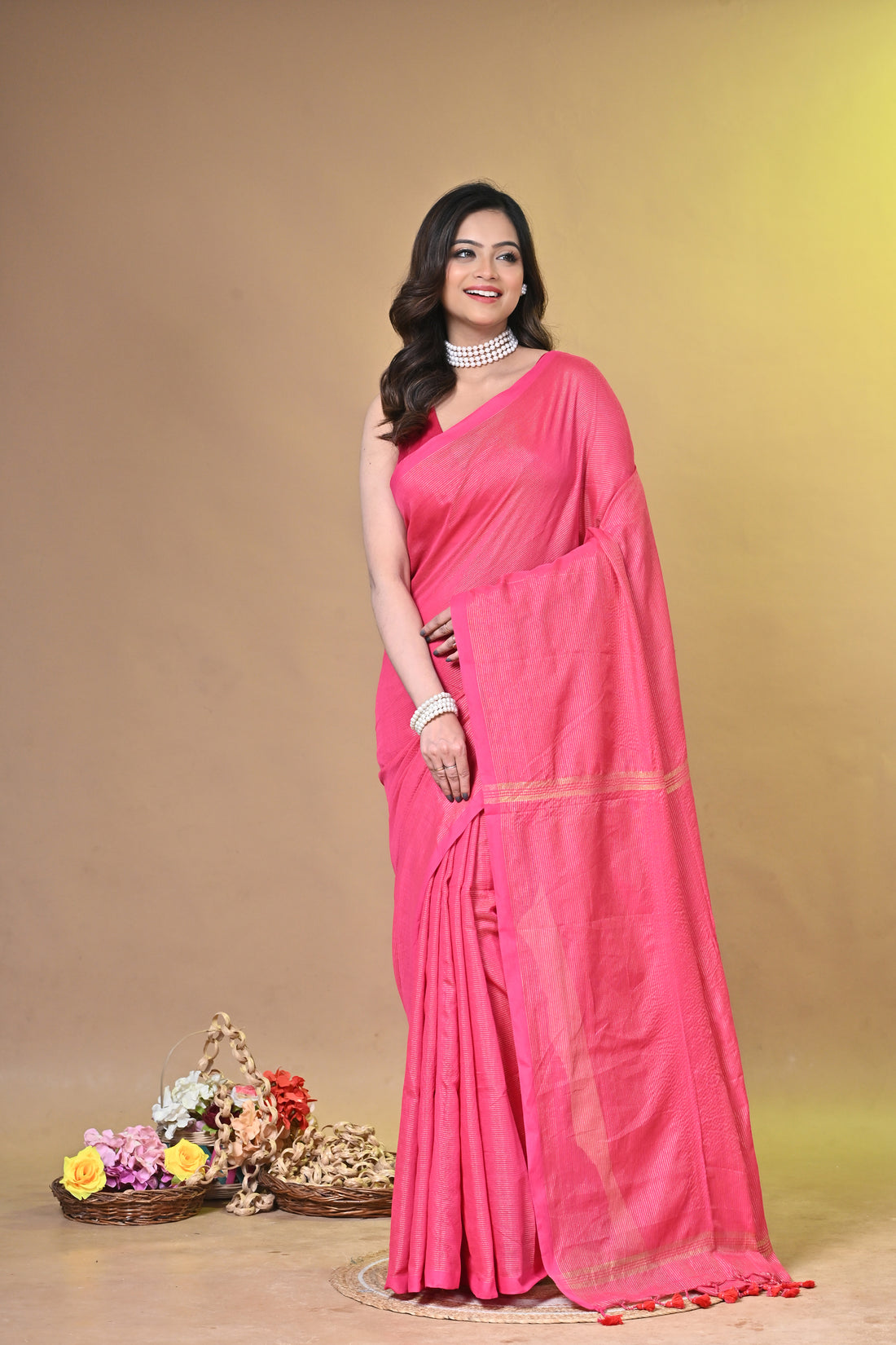 Red Khadi Cotton Saree with Traditional Border Design