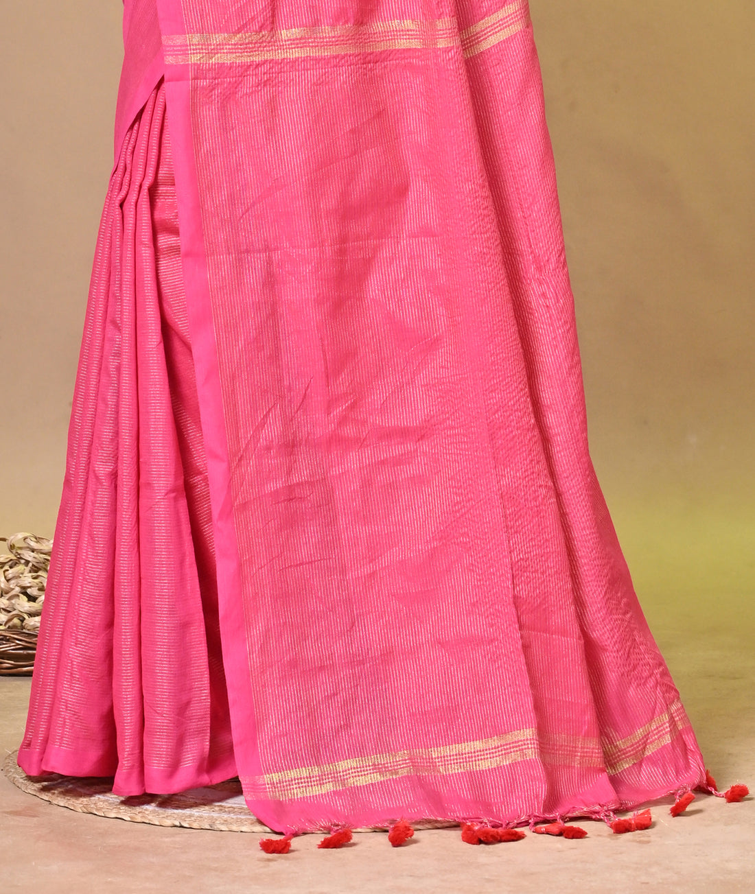 Red Khadi Cotton Saree with Traditional Border Design
