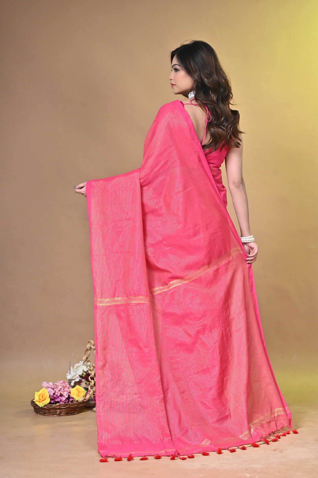 Red Khadi Cotton Saree with Traditional Border Design