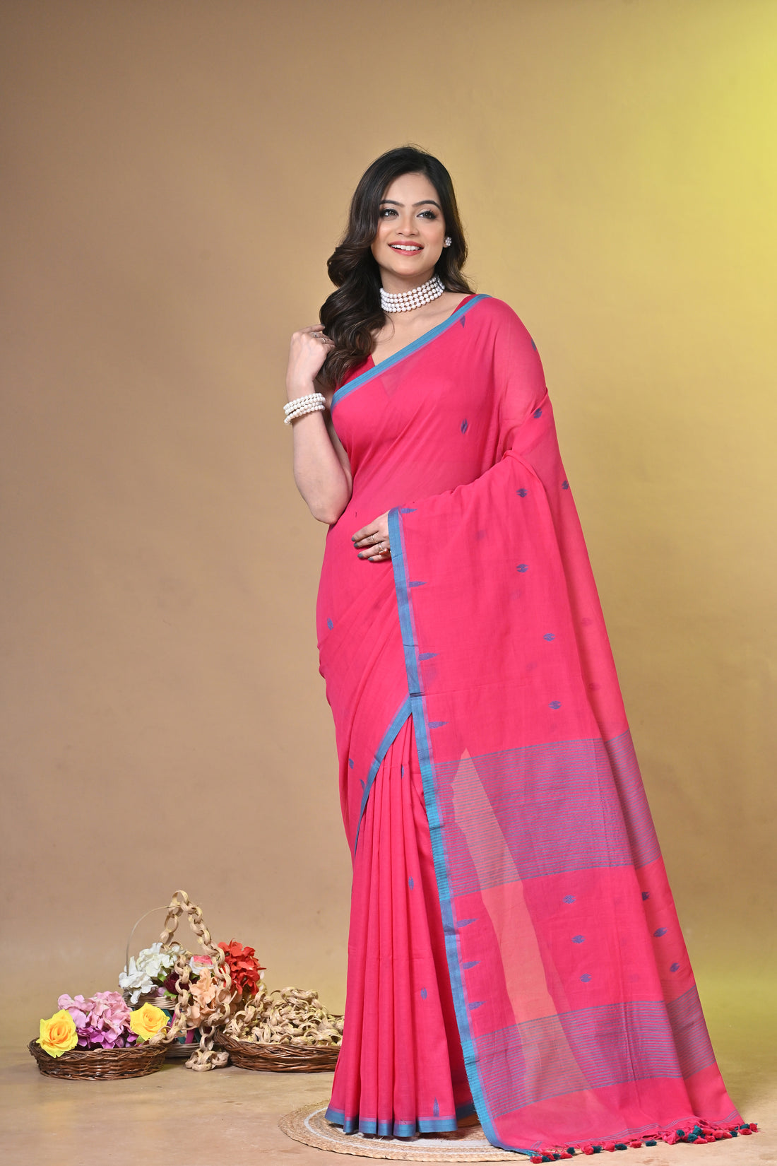 Red Pure Cotton Handloom Saree with Buti Motifs and Striped Design