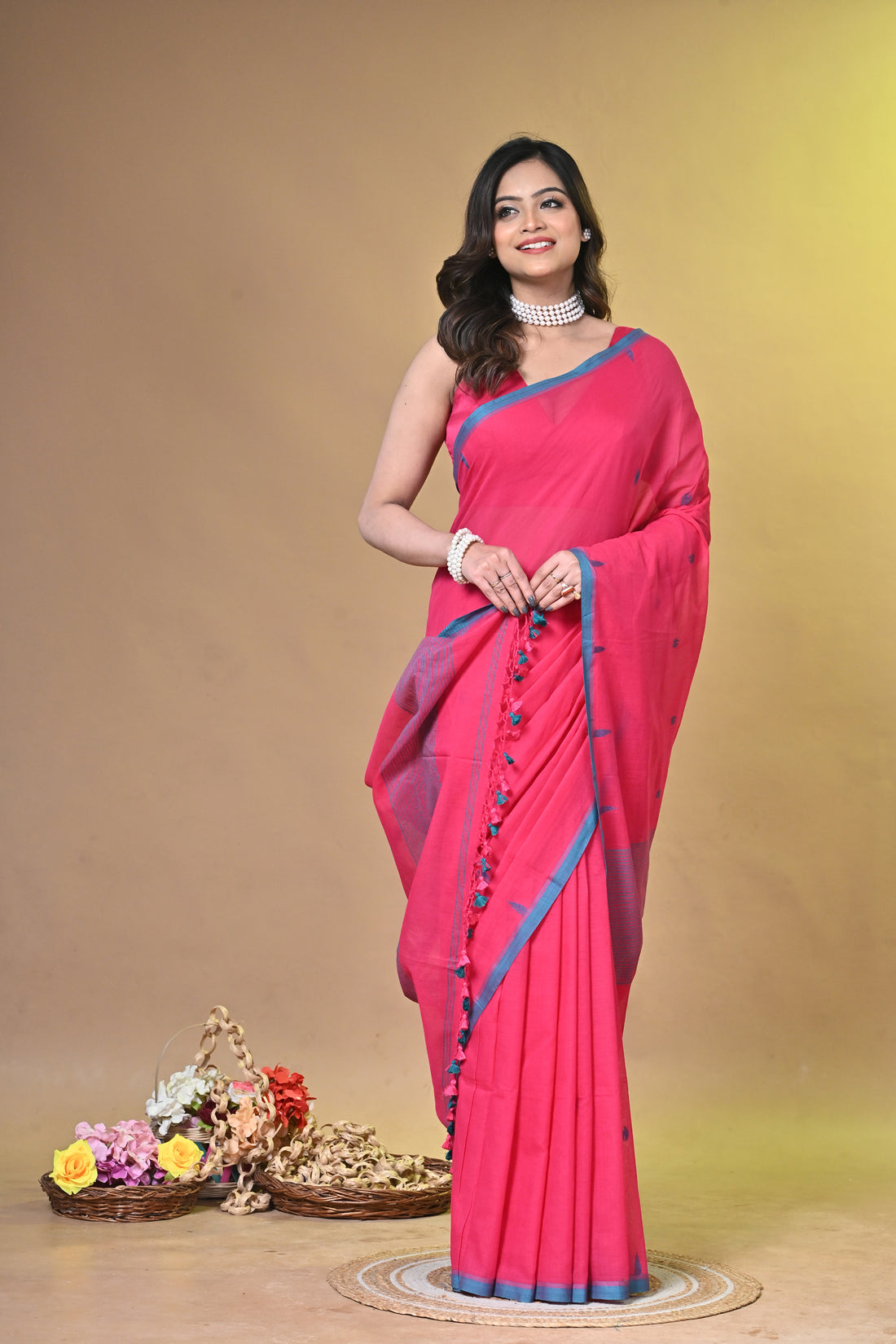 Pure Cotton Saree in Rose Pink with Woven Border