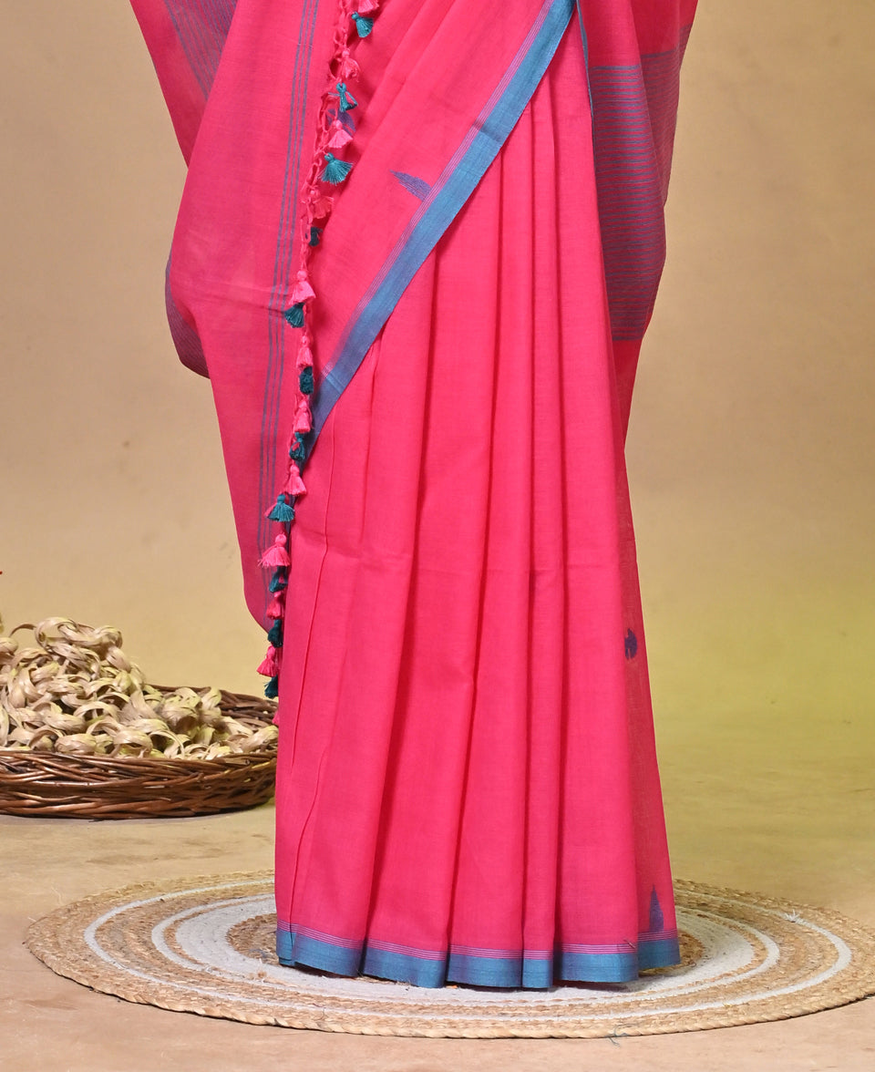 Pure Cotton Saree in Rose Pink with Woven Border