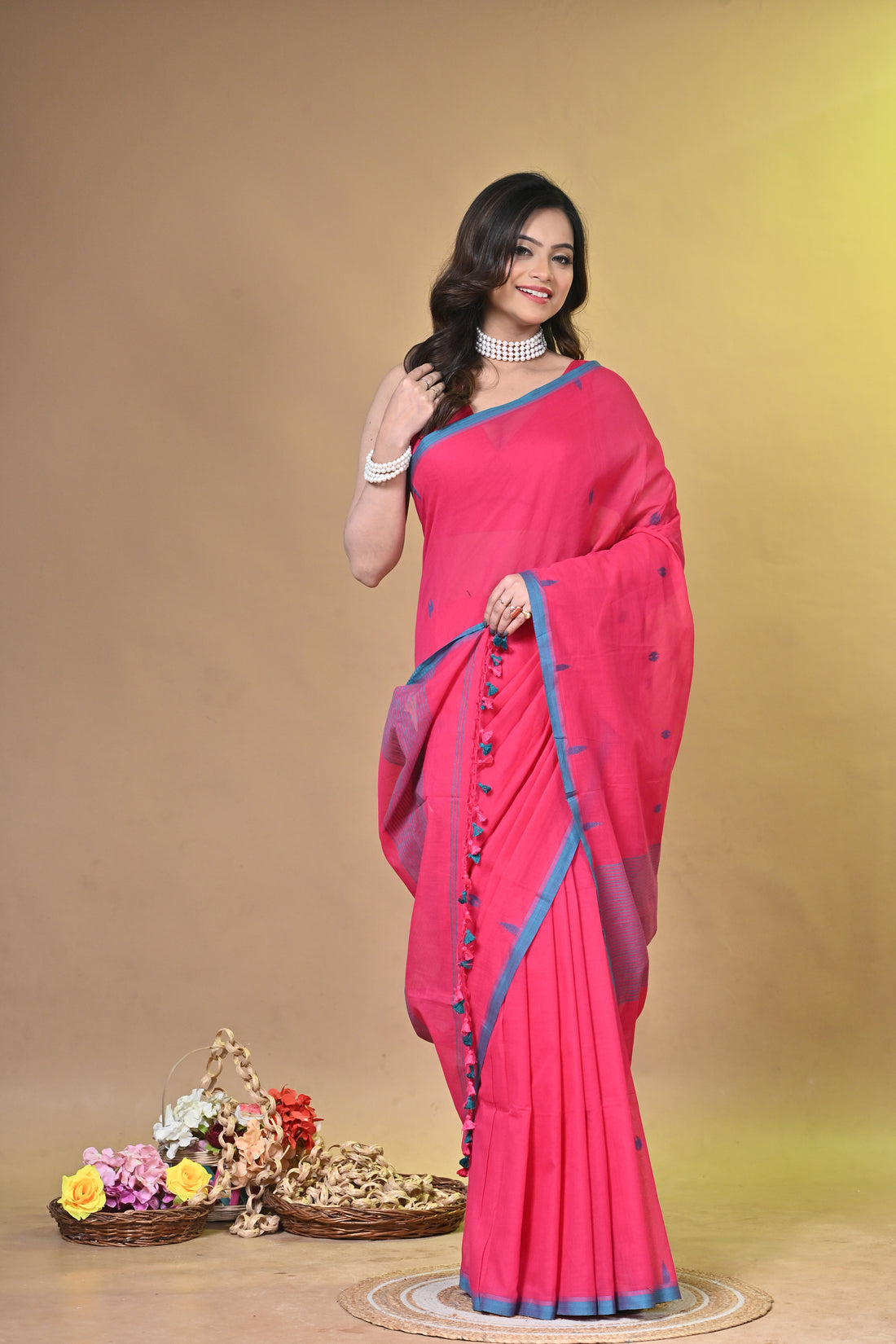 Red Pure Cotton Handloom Saree with Buti Motifs and Striped Design