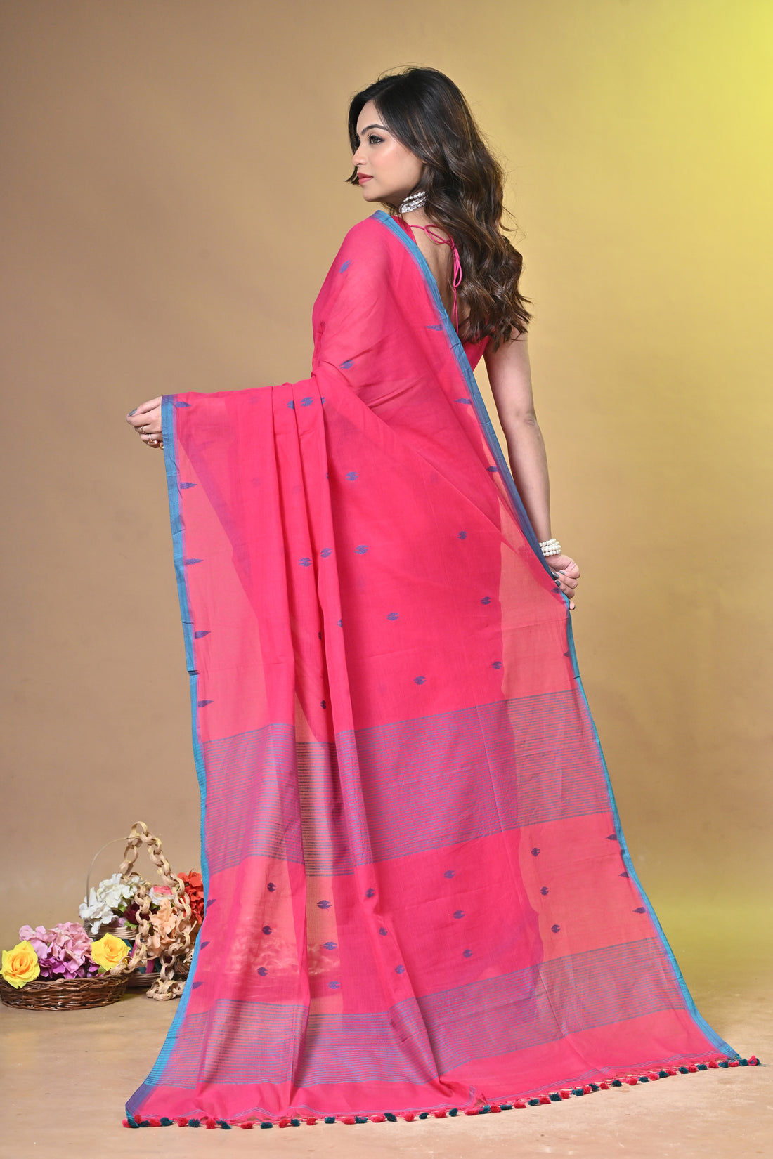 Pure Cotton Saree in Rose Pink with Woven Border