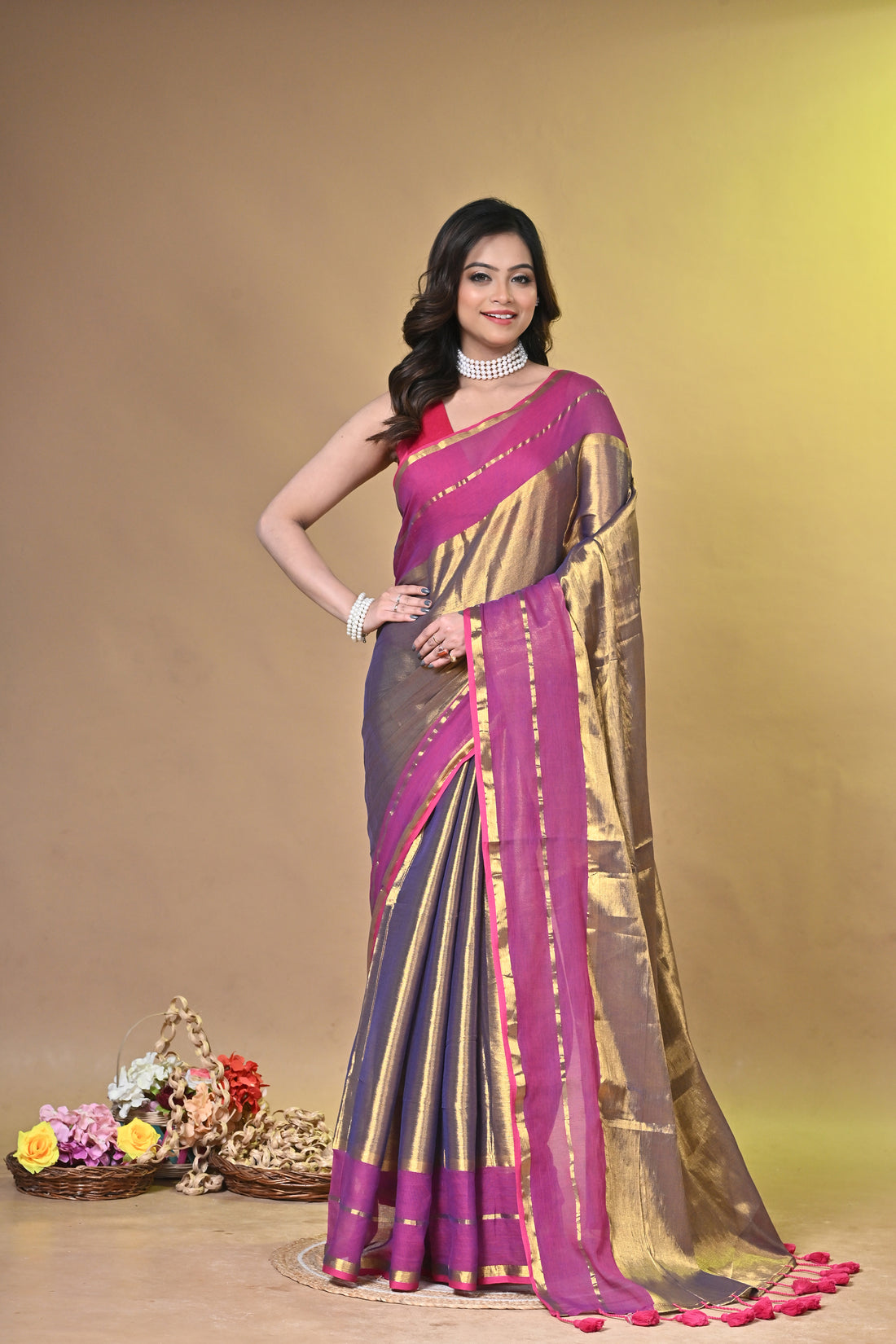 Pink and Golden Tissue Cotton Handloom Saree with Elegant Border