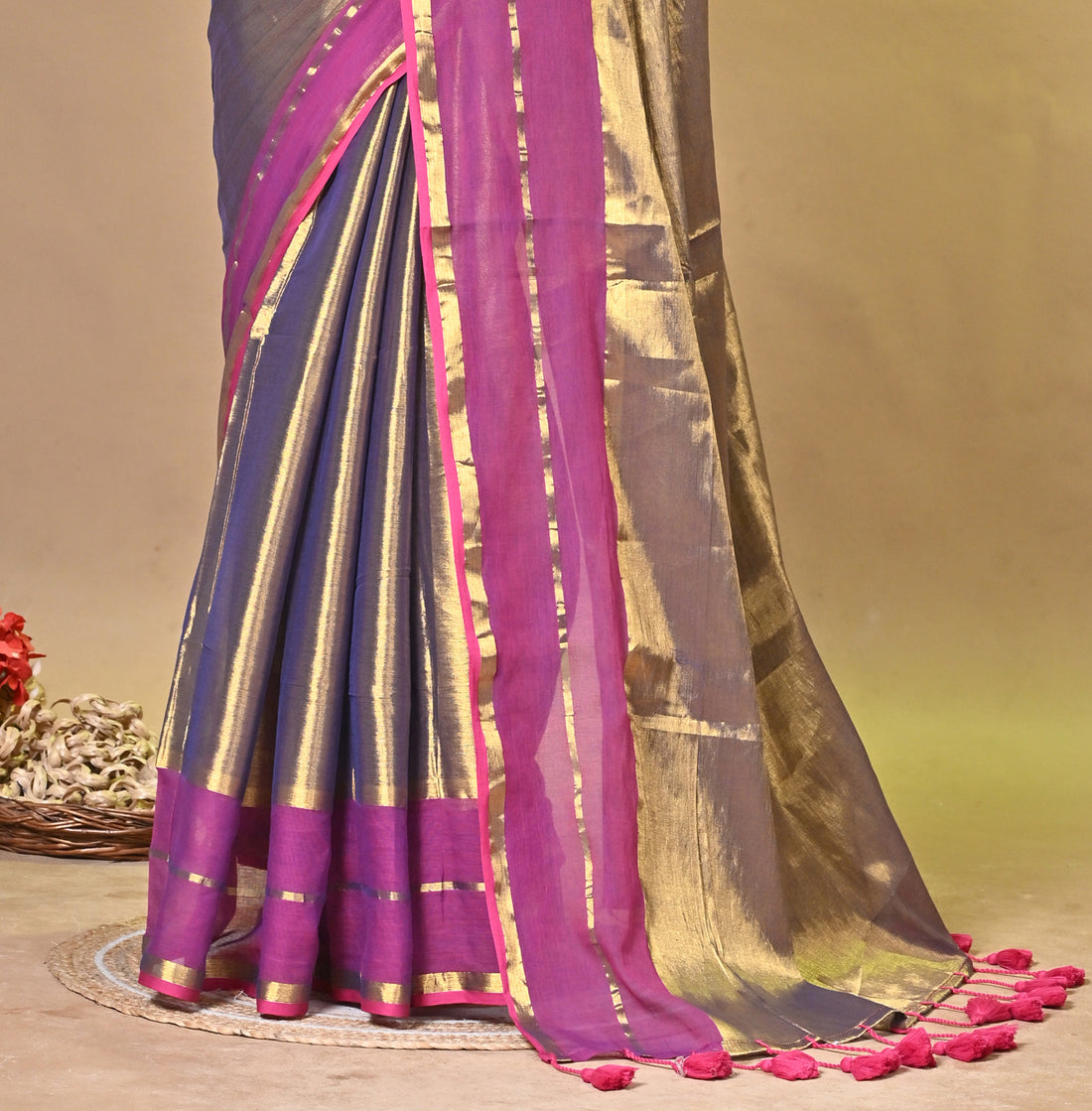 Pink and Golden Tissue Cotton Handloom Saree with Elegant Border