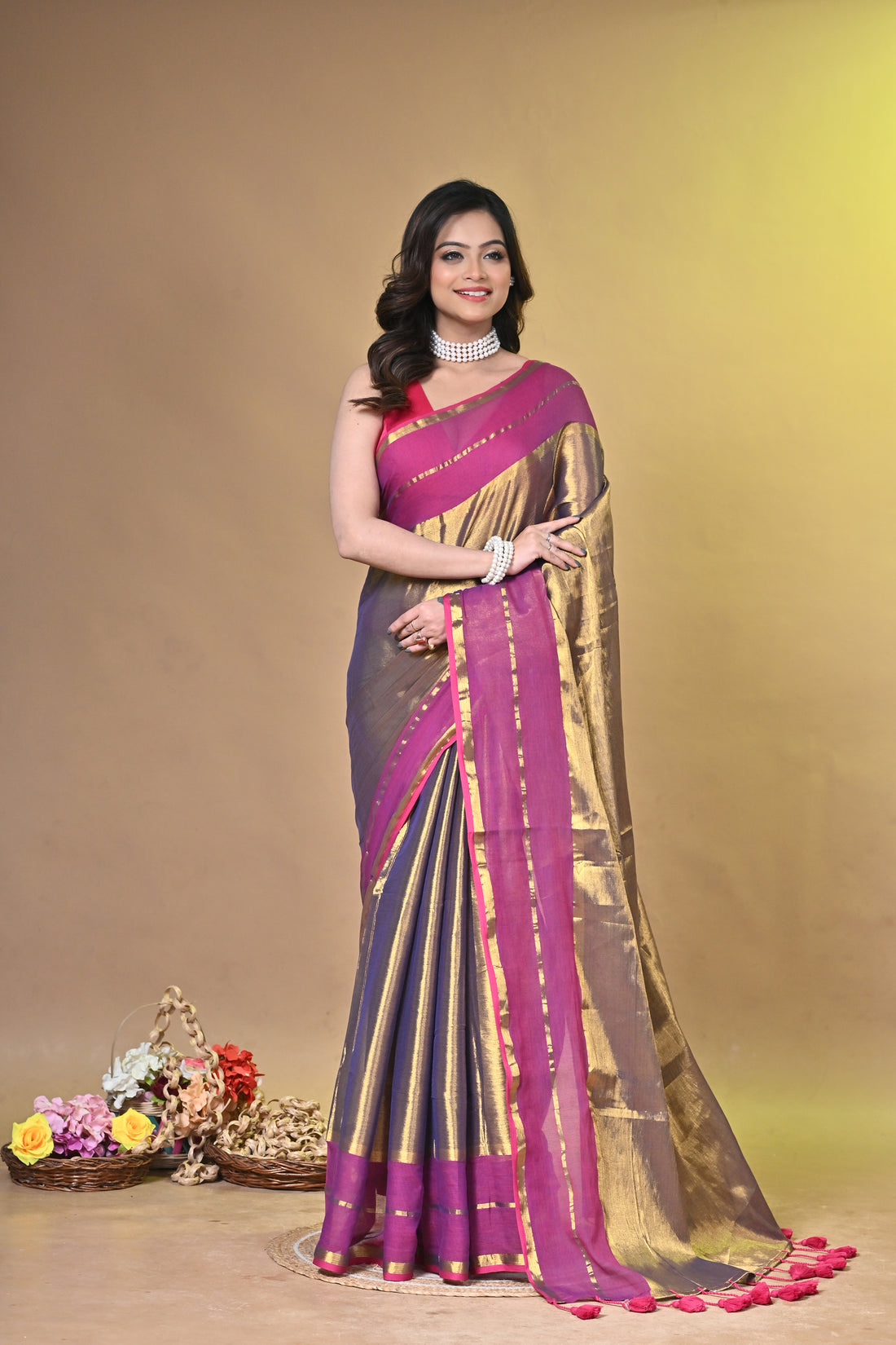 Pink and Golden Tissue Cotton Handloom Saree with Elegant Border